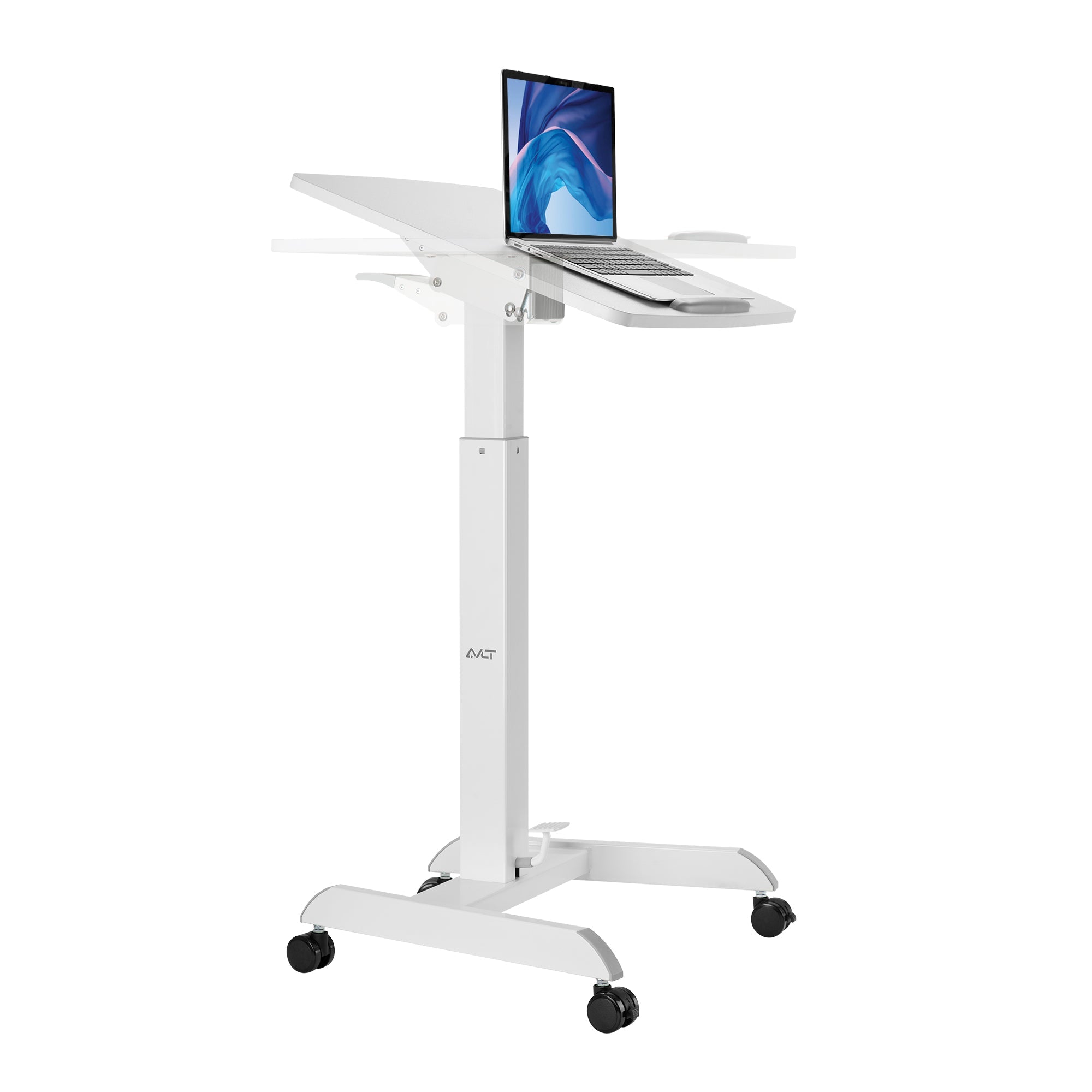 AVLT Height Adjustable Foot Pedal Mobile Workstation with Tilting Desk - White