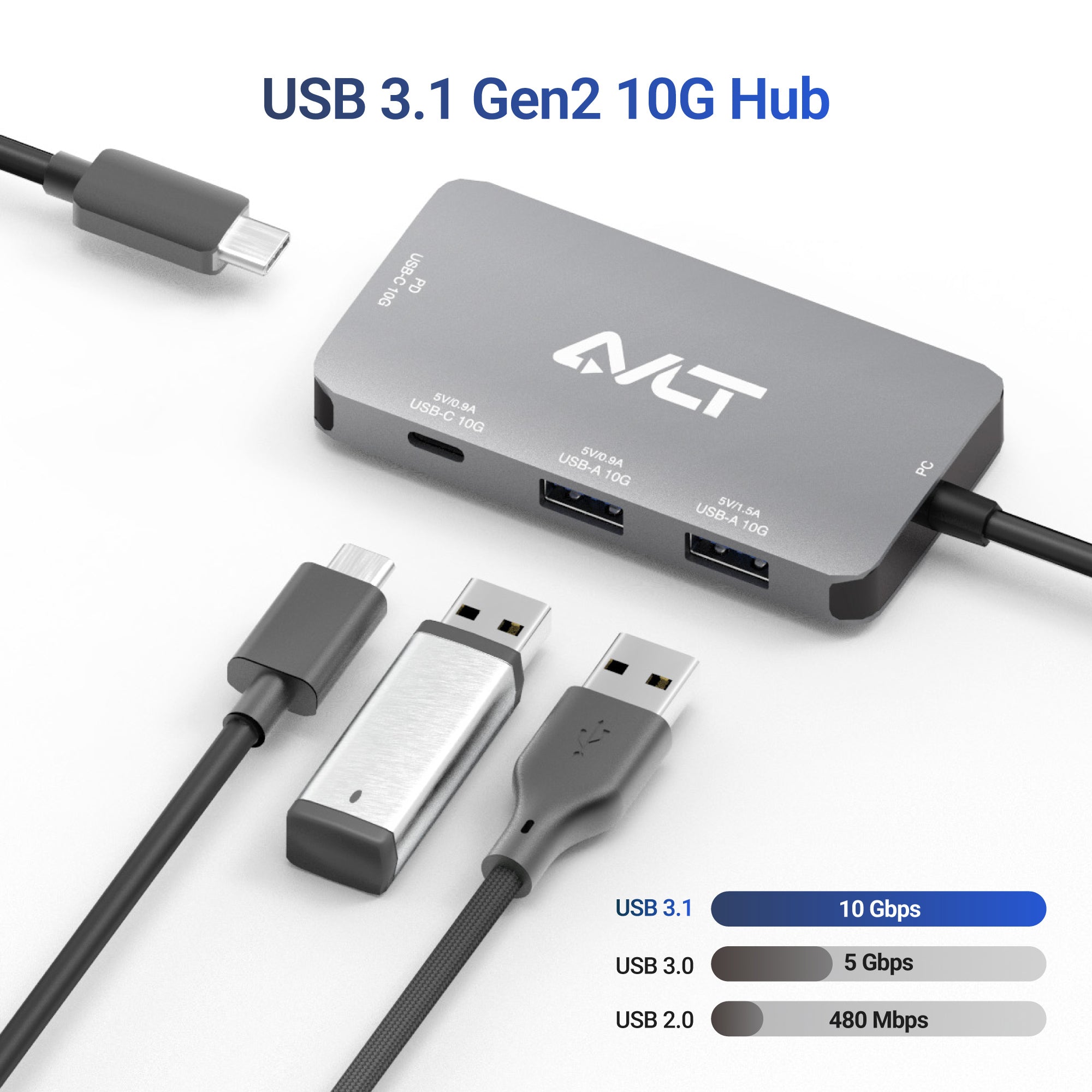 AVLT 4-Port PD USB 3.1 Gen 2 10G Hub - Gray