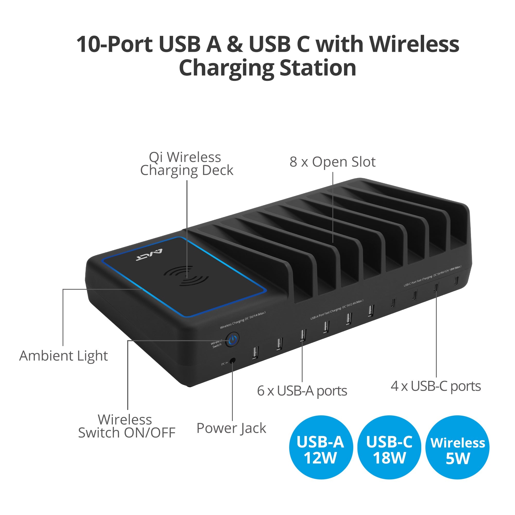 AVLT 10-port USB-A USB-C with Wireless Charging Station -150W - Black