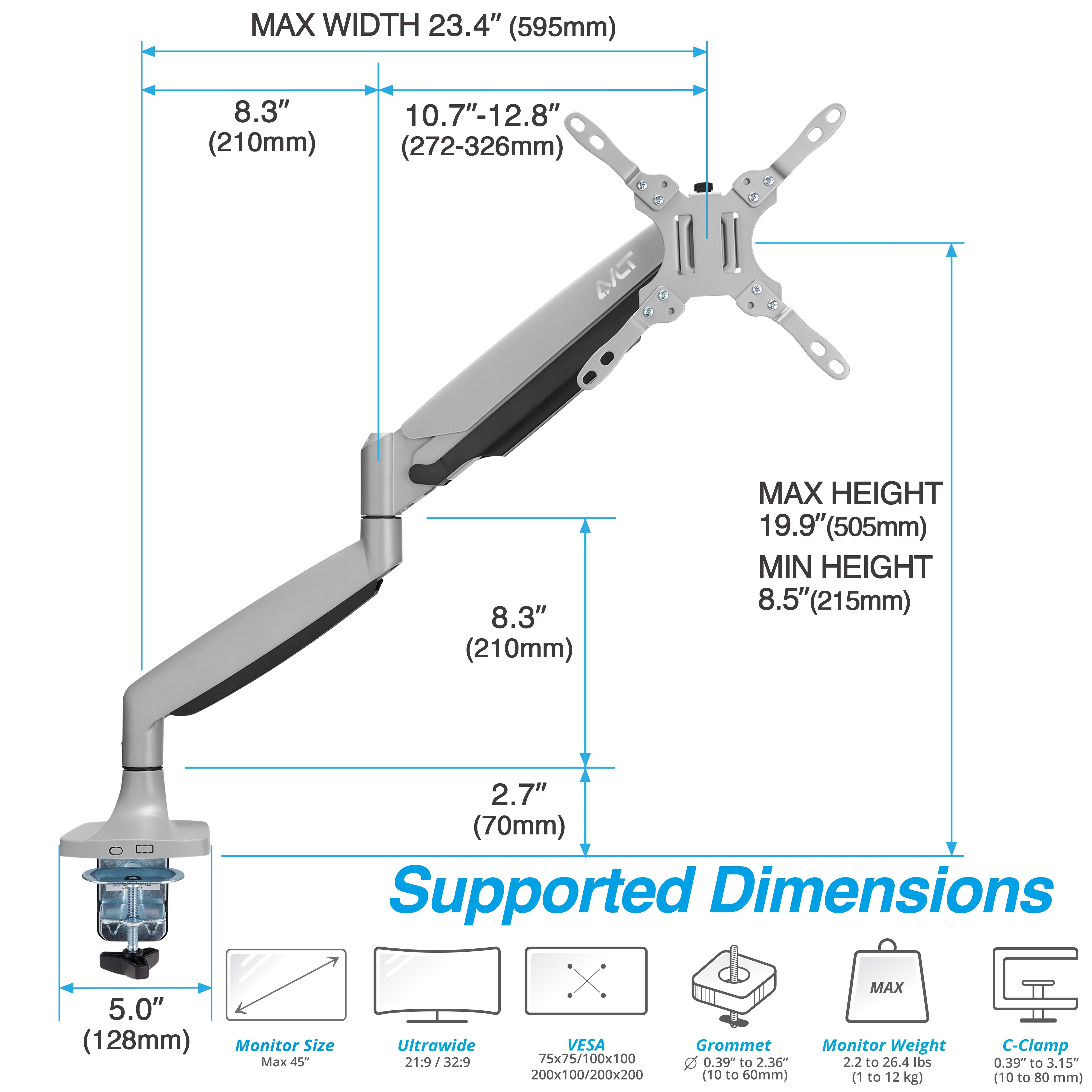 AVLT Single 33 lbs Monitor Desk Mount Premium Mechanical Spring-Gray