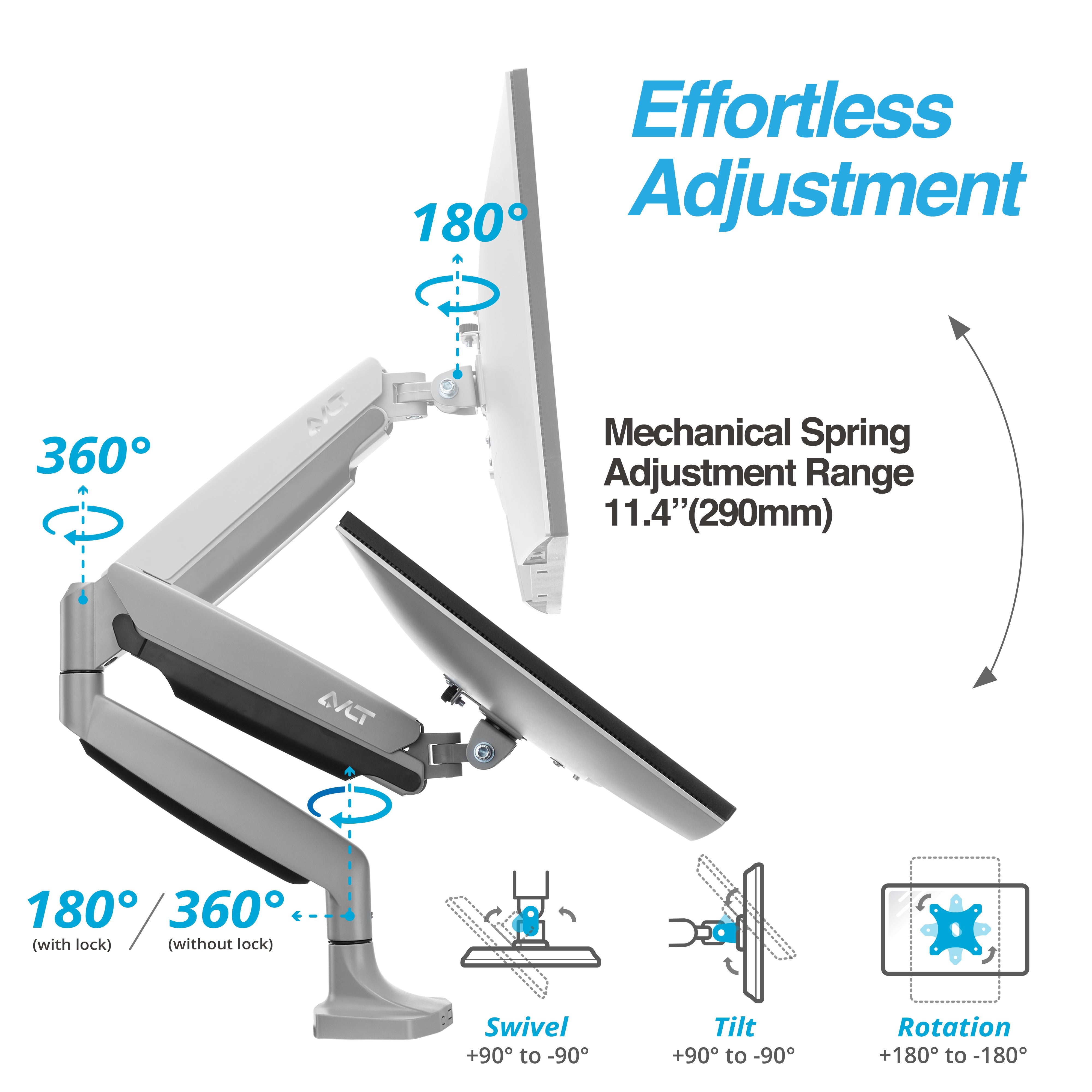 AVLT Single 33 lbs Monitor Desk Mount Premium Mechanical Spring-Gray