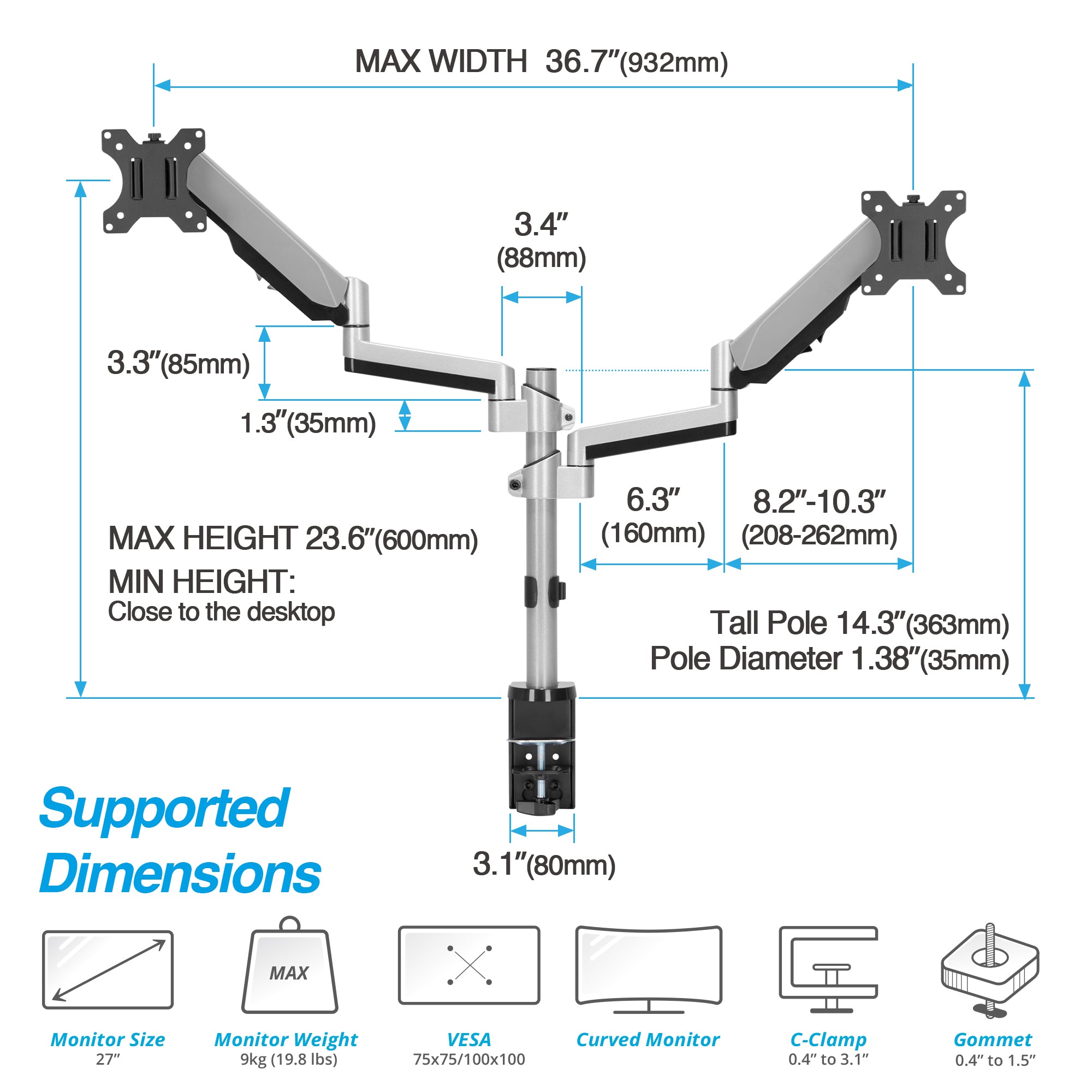 AVLT Dual 27" Monitor Desk Mount Stackable Premium Gas Spring - Gray