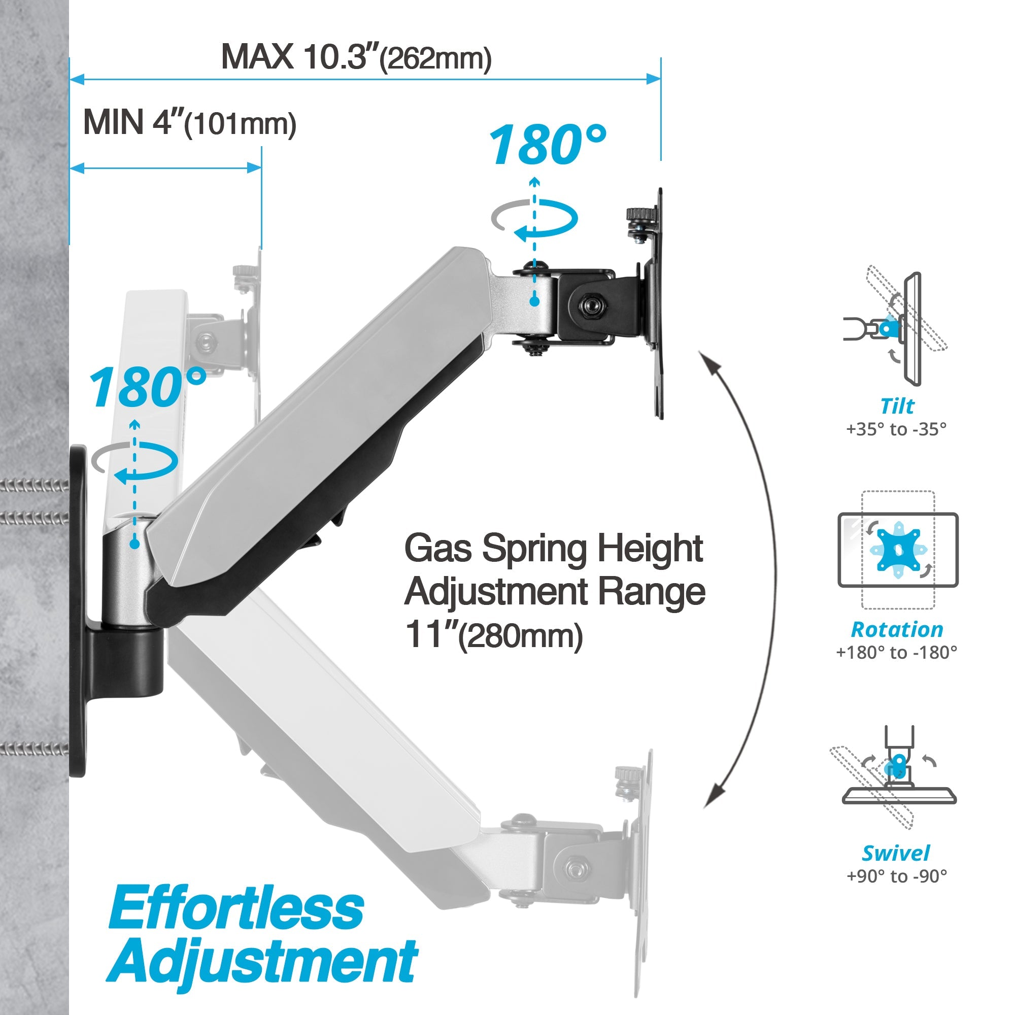 AVLT Single Arm Gas Spring Wall Mount - Aluminum - Gray