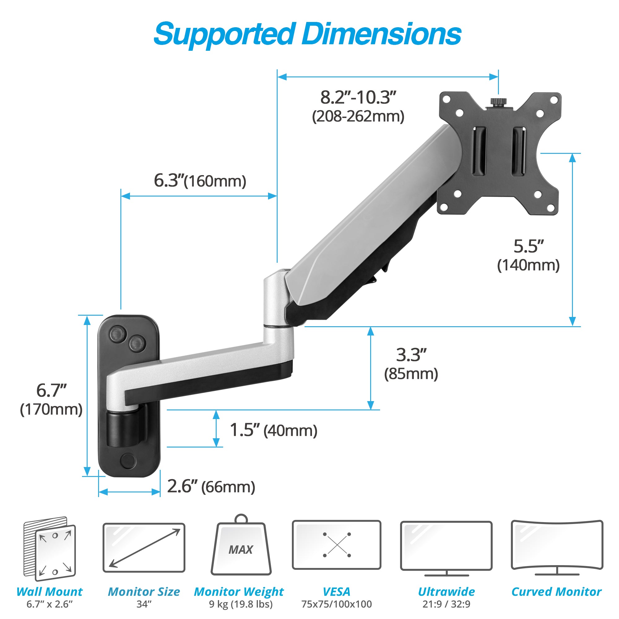 AVLT Single 32" Monitor Wall Mount Premium Gas Spring - Gray