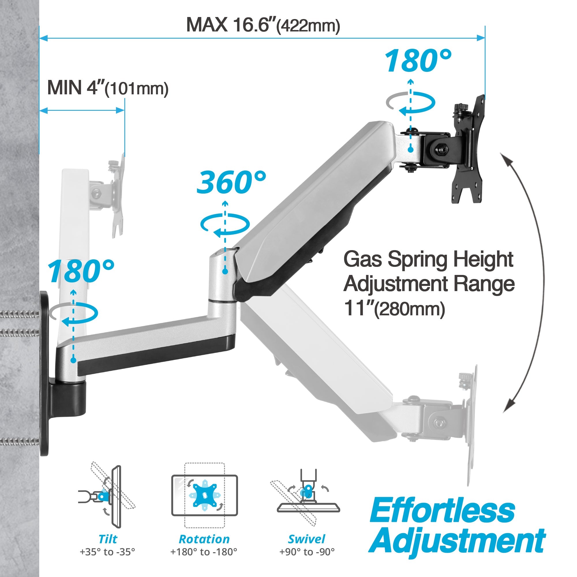 AVLT Single 32" Monitor Wall Mount Premium Gas Spring - Gray