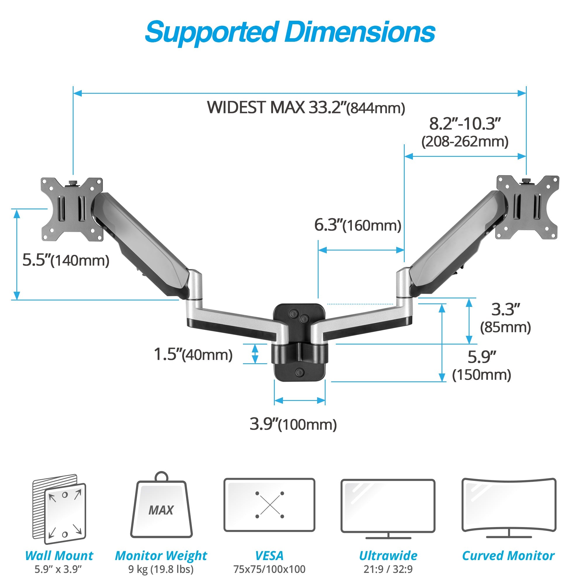 AVLT Dual 32" Monitor Wall Mount Premium Aluminum Gas Spring - Gray
