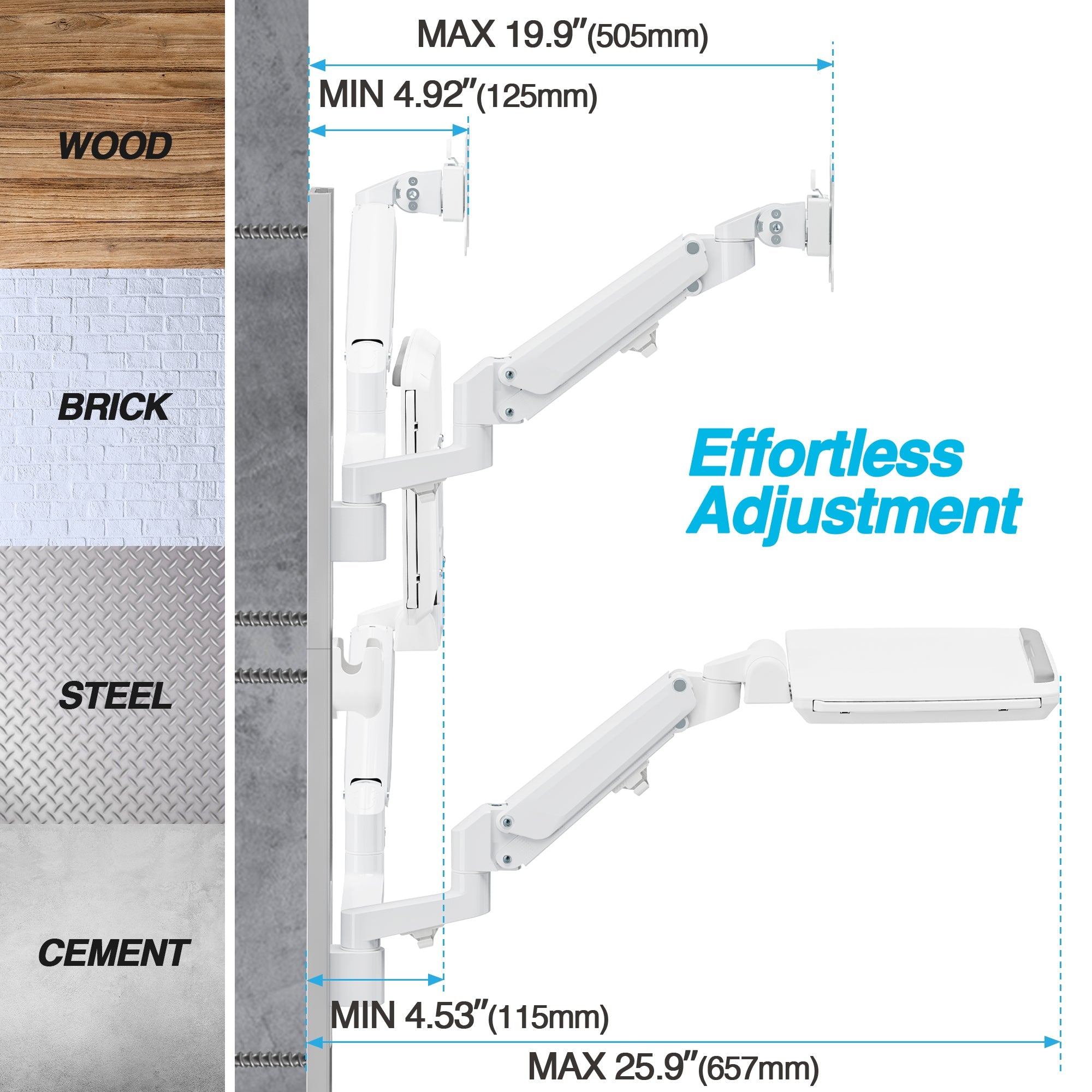 AVLT Medical 43 Inch Monitor Keyboard Sit Stand Vertical Wall Mount - White