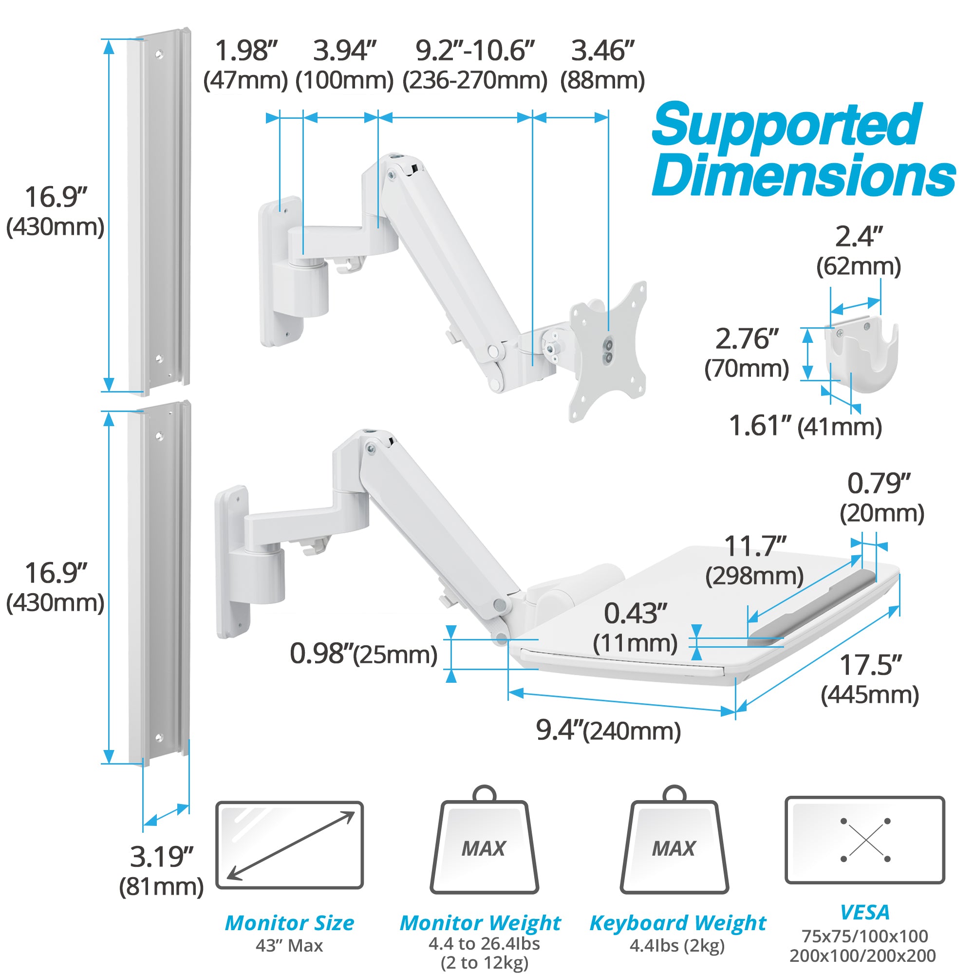 AVLT Medical 43 Inch Monitor Keyboard Sit Stand Vertical Wall Mount - White