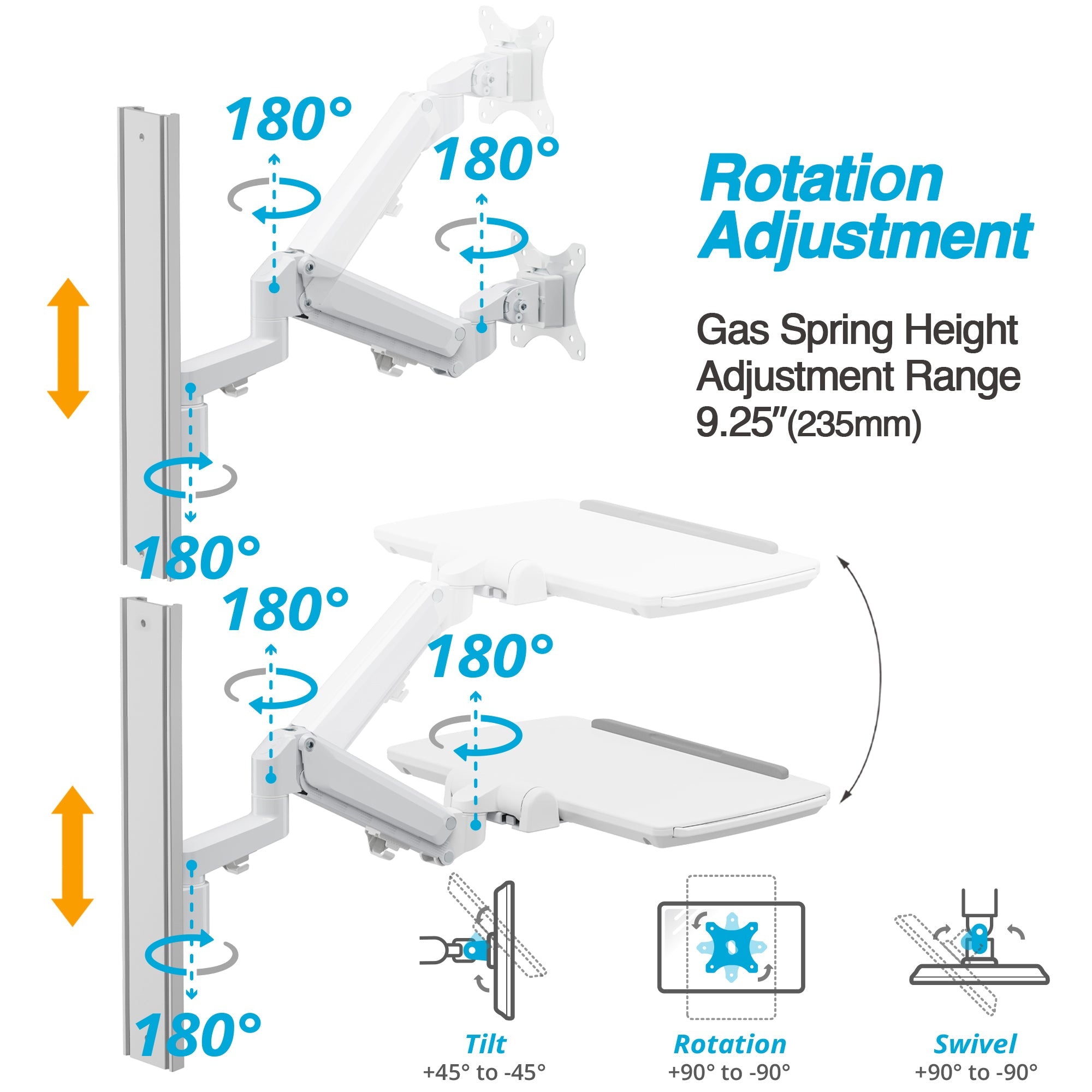 AVLT Medical 43 Inch Monitor Keyboard Sit Stand Vertical Wall Mount - White
