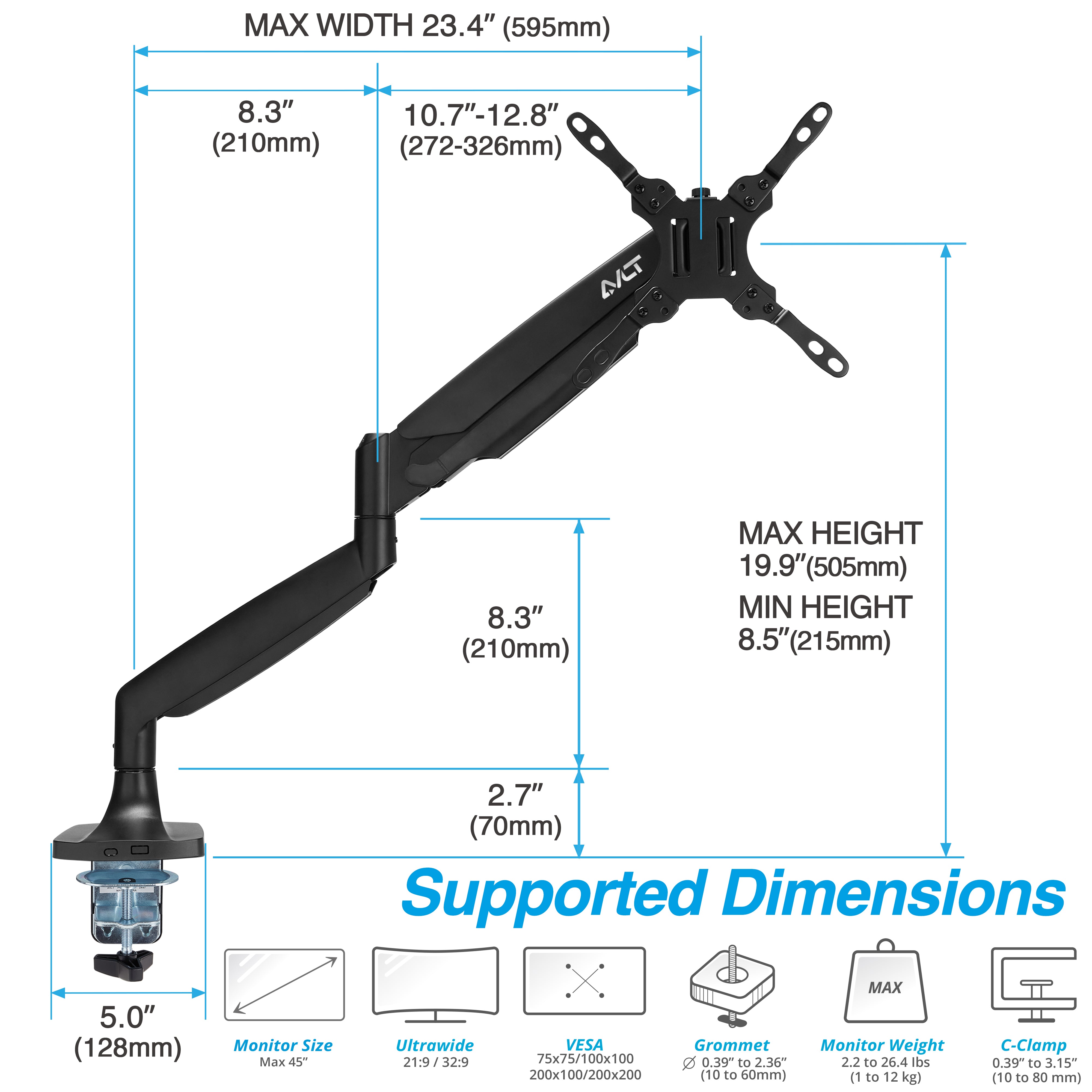 AVLT Single 26 lbs Monitor Desk Mount Premium Mechanical Spring - Black