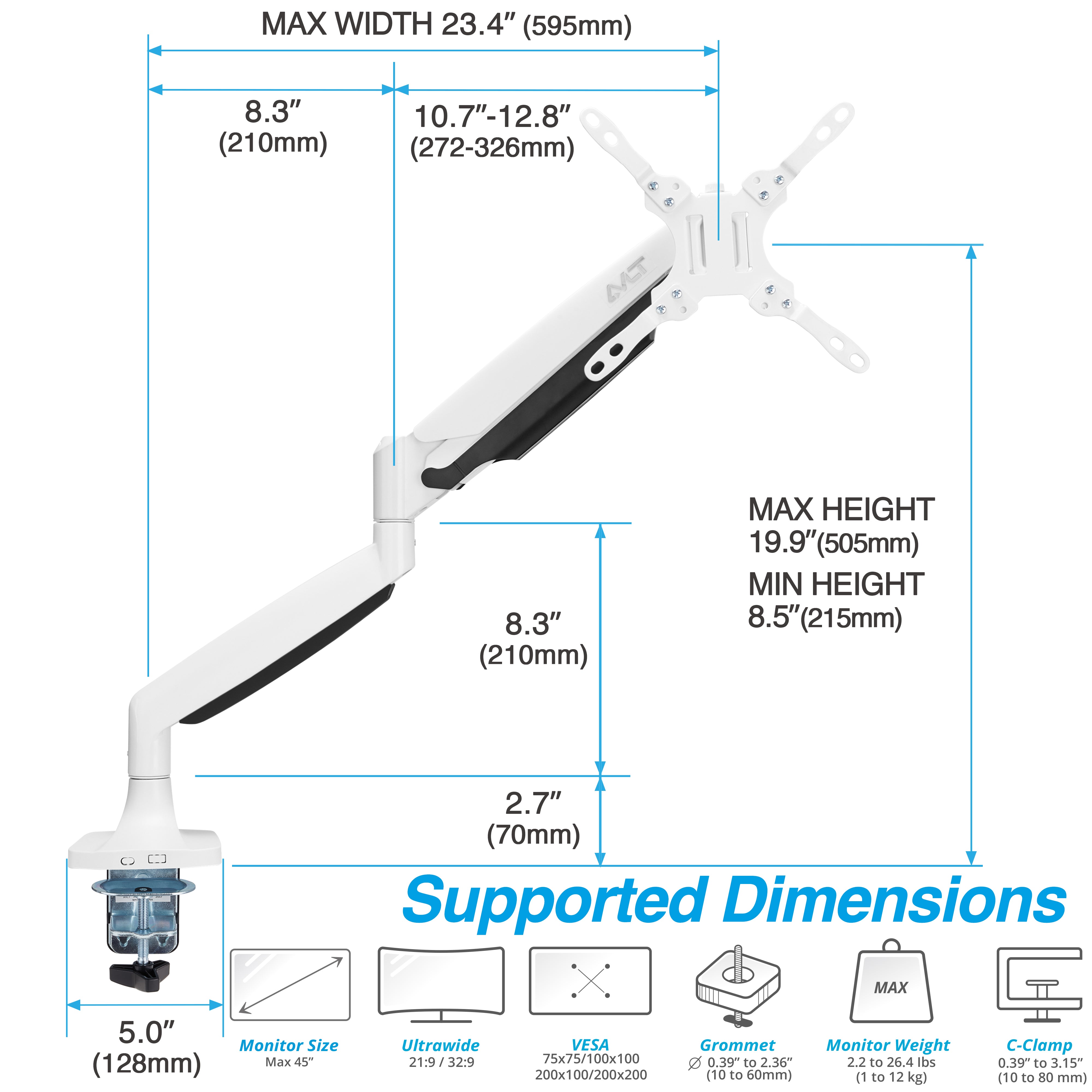 AVLT Single 26 lbs Monitor Desk Mount Premium Mechanical Spring - White