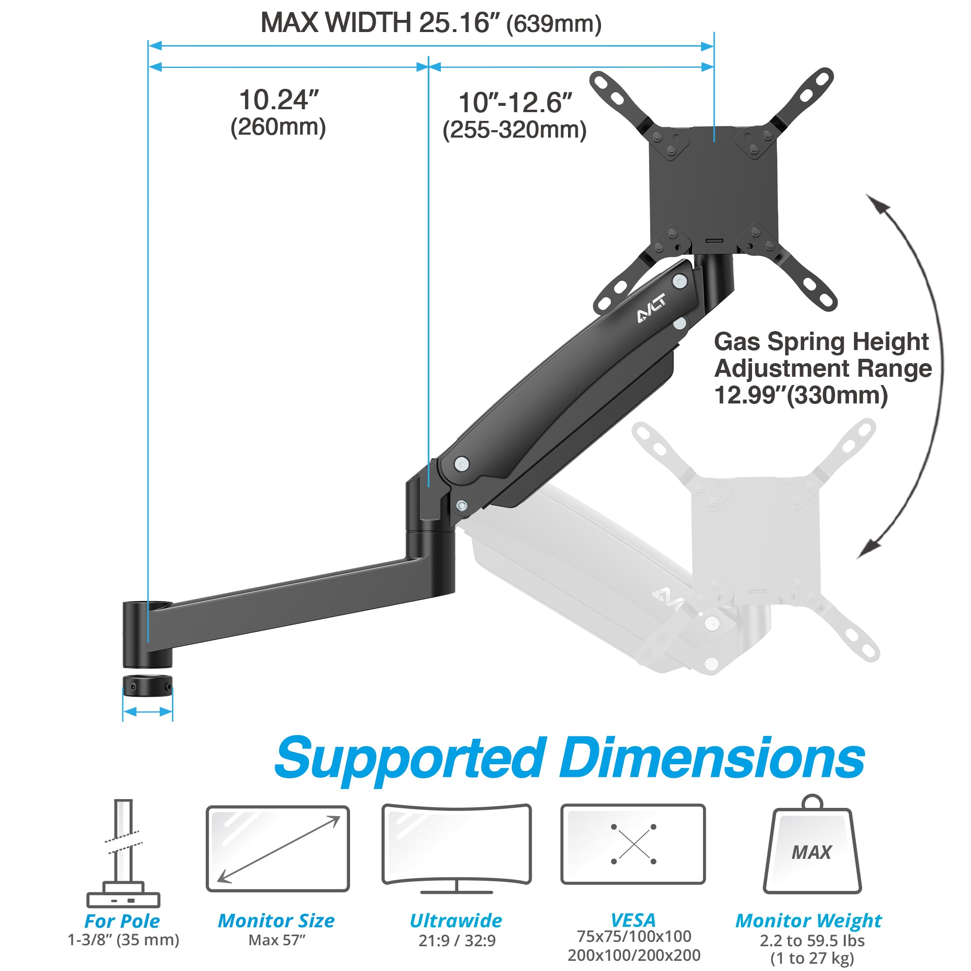 AVLT Single 57 Inch Heavy Duty Monitor Arm Add-On Kit For Pole Top Mount - Black