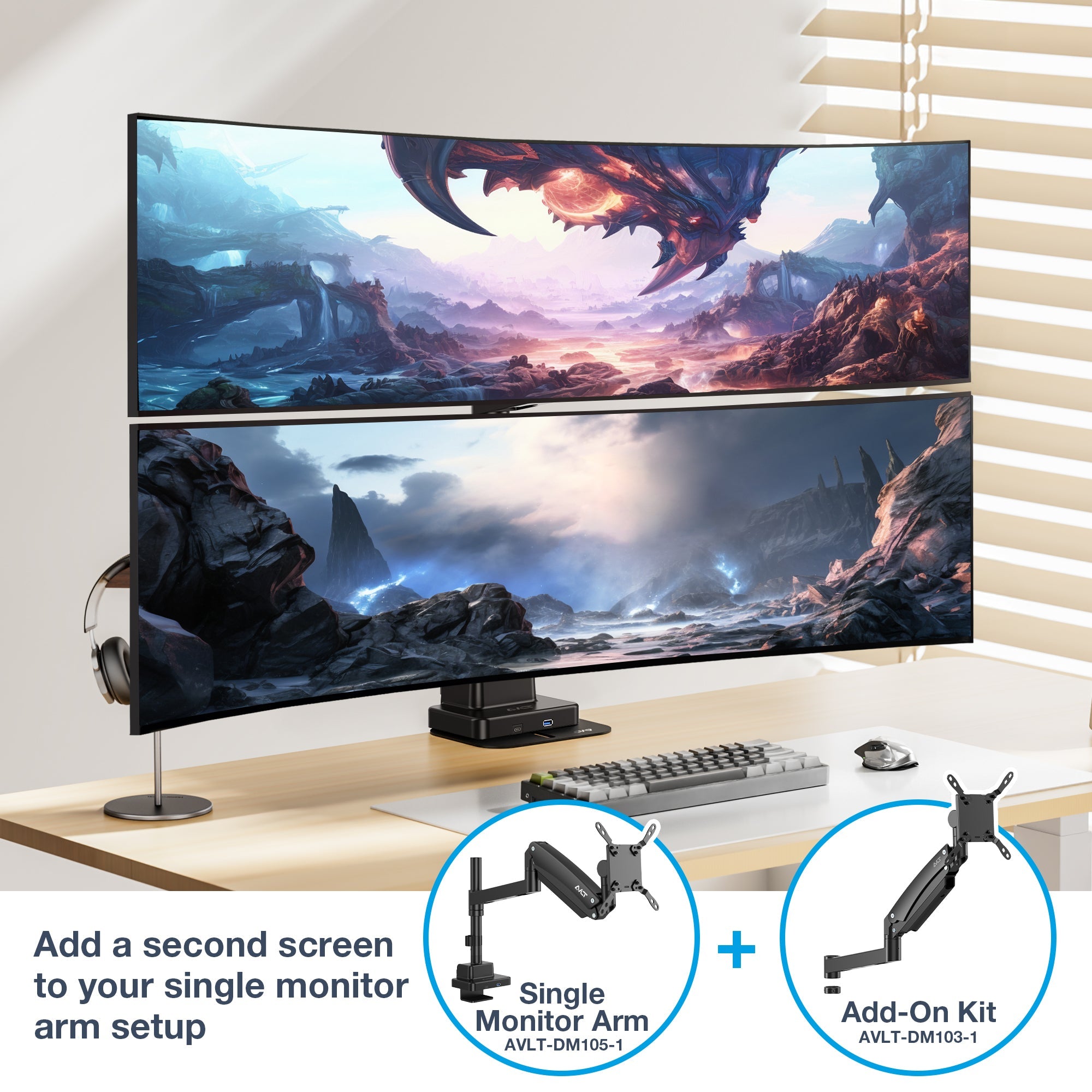 AVLT Single 57 Inch Heavy Duty Monitor Arm Add-On Kit For Pole Top Mount - Black