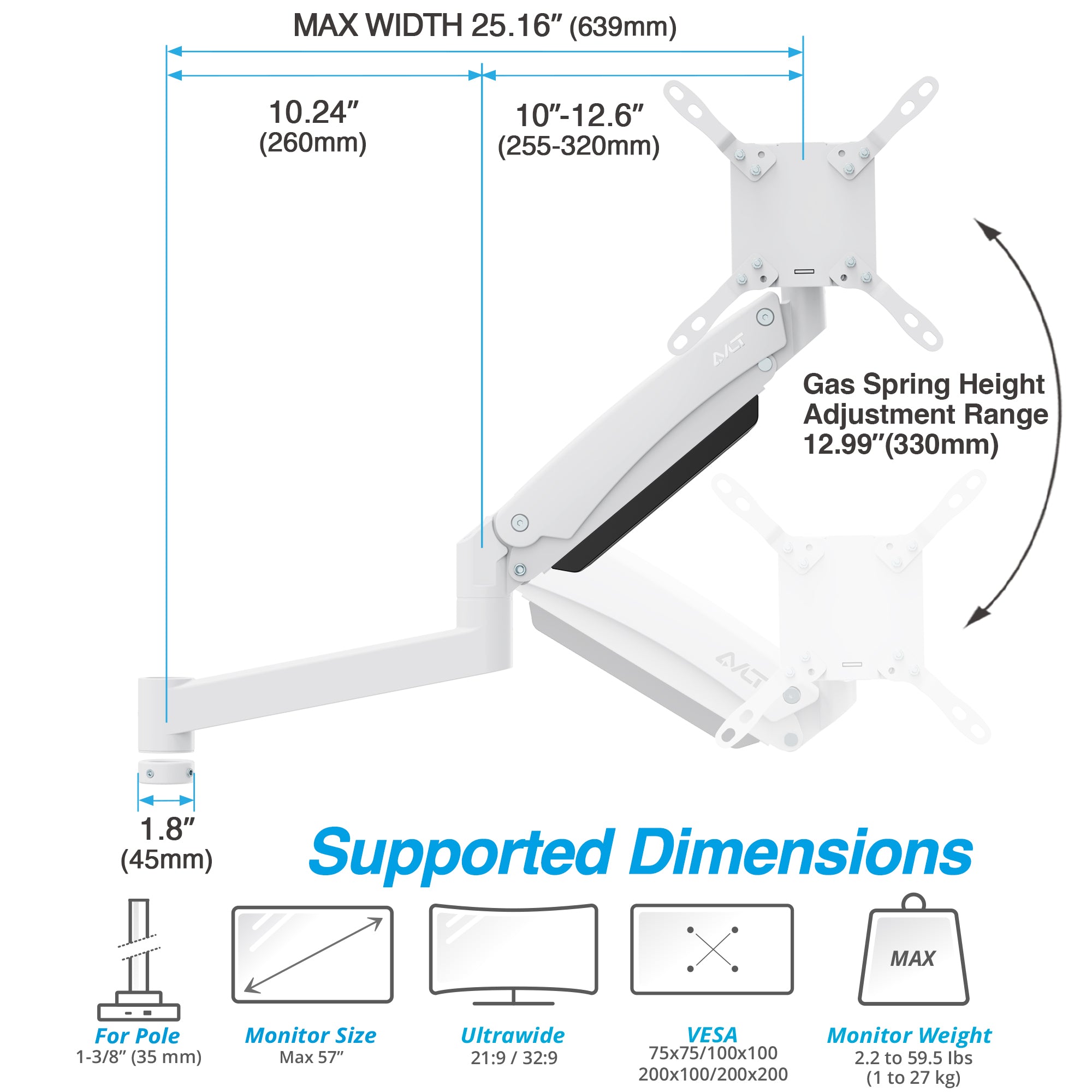 AVLT Single 57 Inch Heavy Duty Monitor Arm Add-On Kit For Pole Top Mount - White