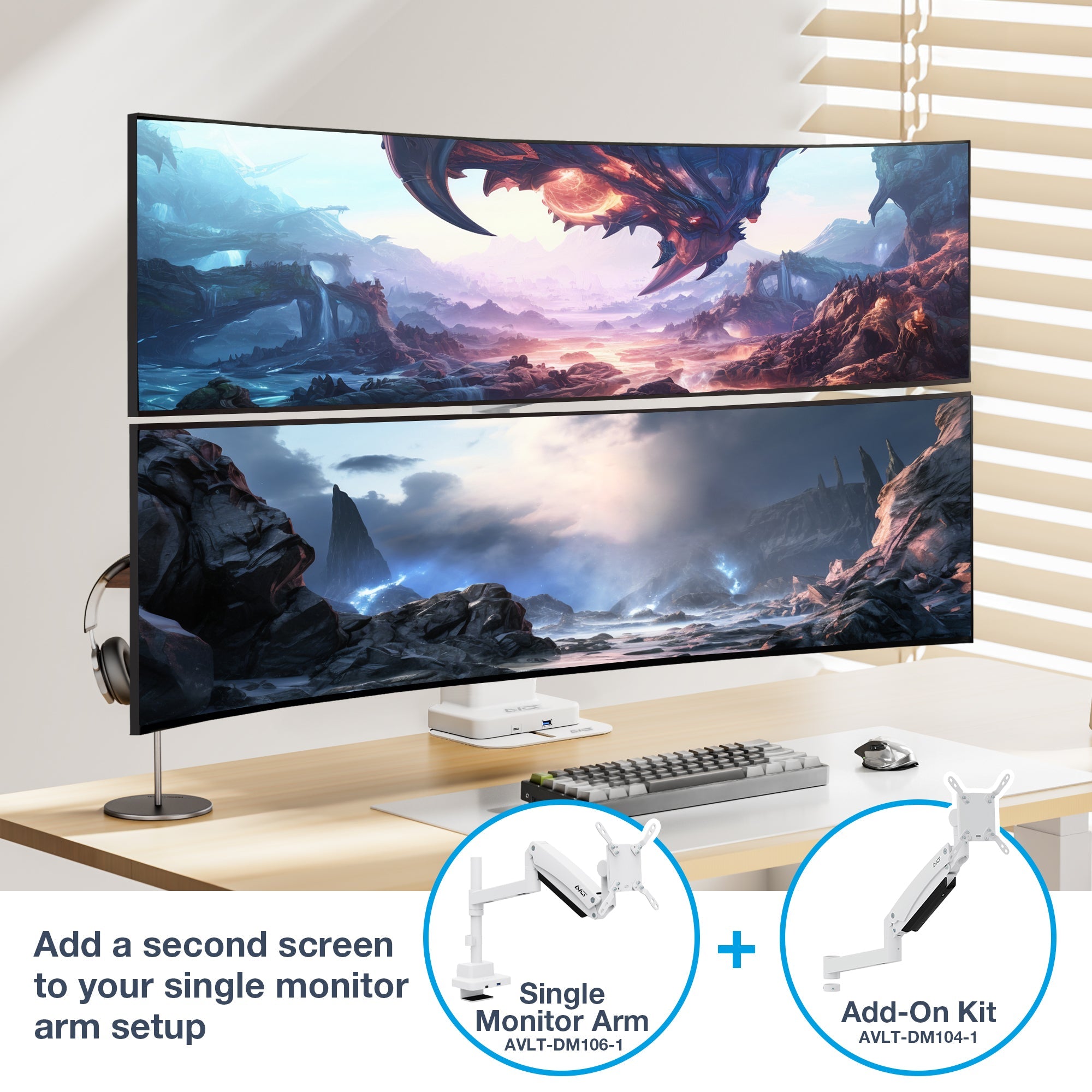 AVLT Single 57 Inch Heavy Duty Monitor Arm Add-On Kit For Pole Top Mount - White