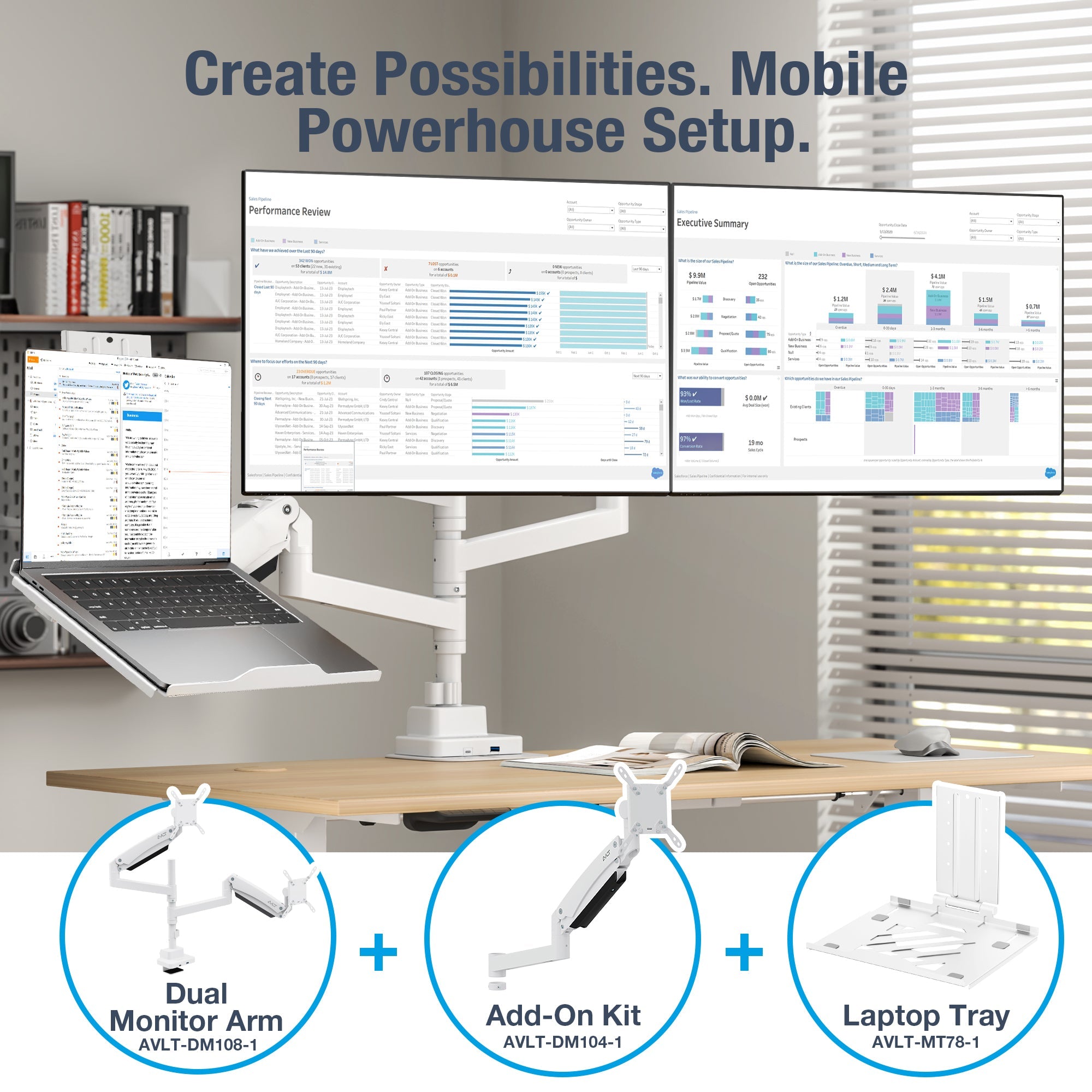AVLT Single 57 Inch Heavy Duty Monitor Arm Add-On Kit For Pole Top Mount - White