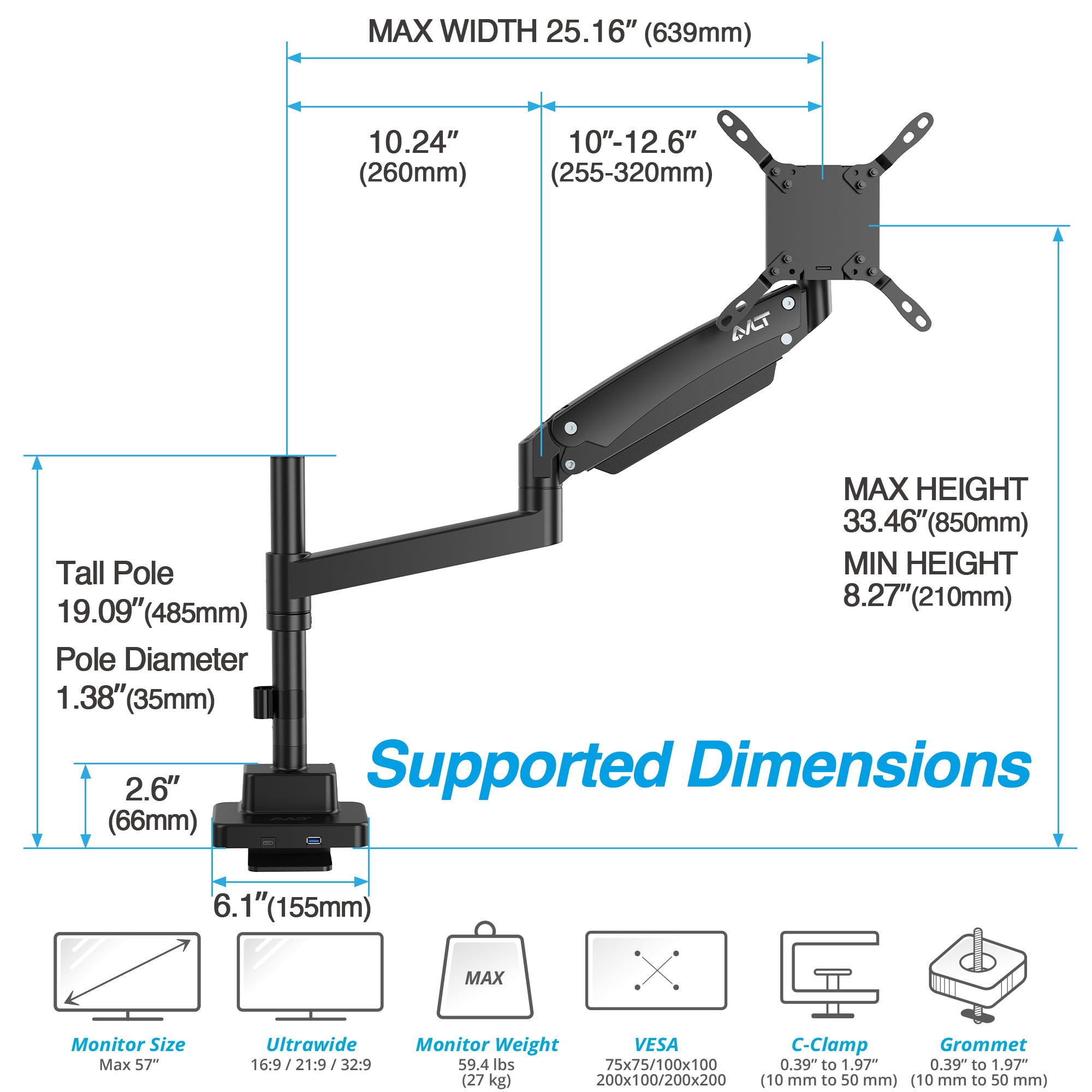 AVLT Single 57 Inch Heavy Duty Monitor Arm Pole Top Mount With USB-C USB-A Ports - Black
