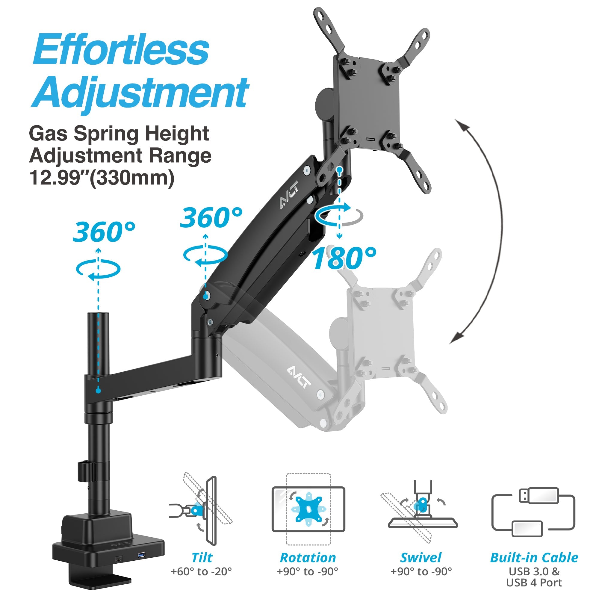 AVLT Single 57 Inch Heavy Duty Monitor Arm Pole Top Mount With USB-C USB-A Ports - Black