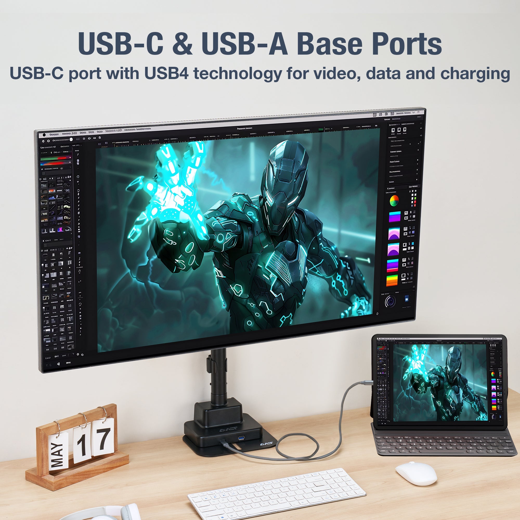 AVLT Single 57 Inch Heavy Duty Monitor Arm Pole Top Mount With USB-C USB-A Ports - Black