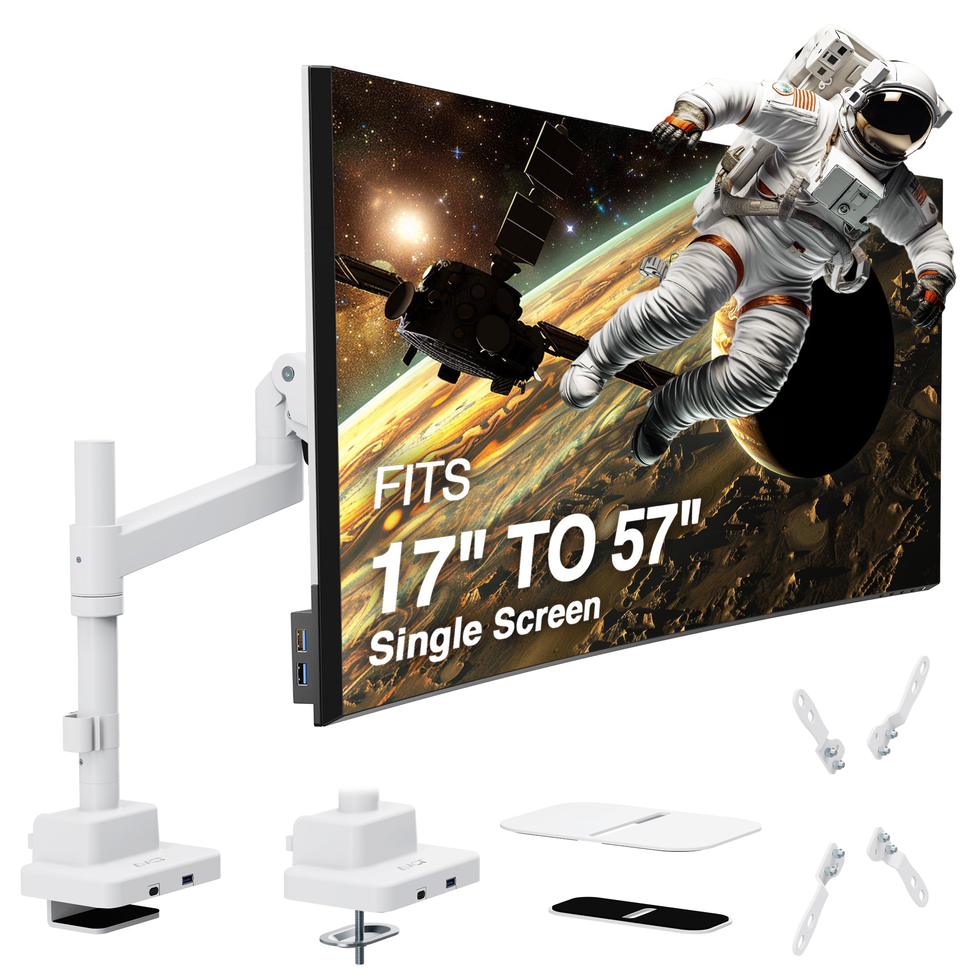 AVLT Single 57 Inch Heavy Duty Monitor Arm Pole Top Mount With USB-C USB-A Ports - White