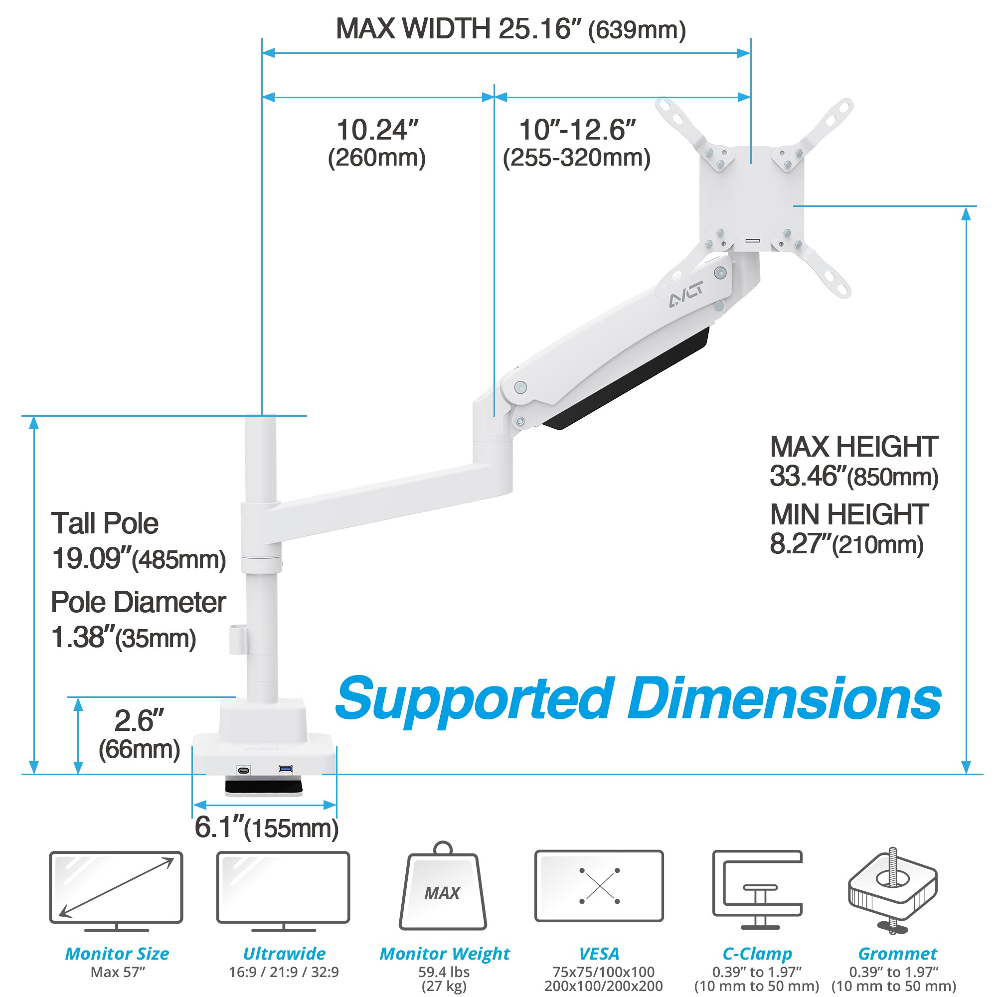 AVLT Single 57 Inch Heavy Duty Monitor Arm Pole Top Mount With USB-C USB-A Ports - White