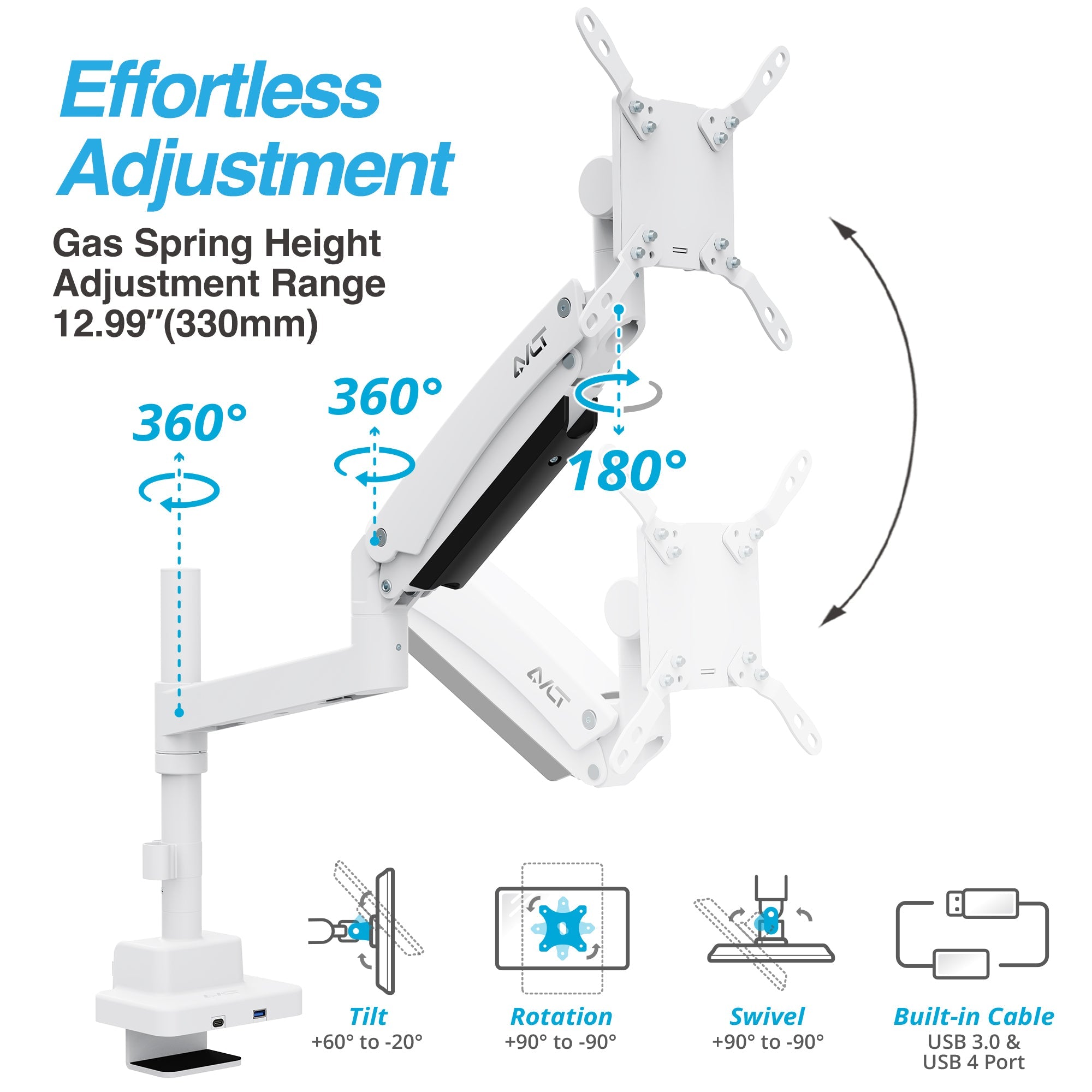 AVLT Single 57 Inch Heavy Duty Monitor Arm Pole Top Mount With USB-C USB-A Ports - White