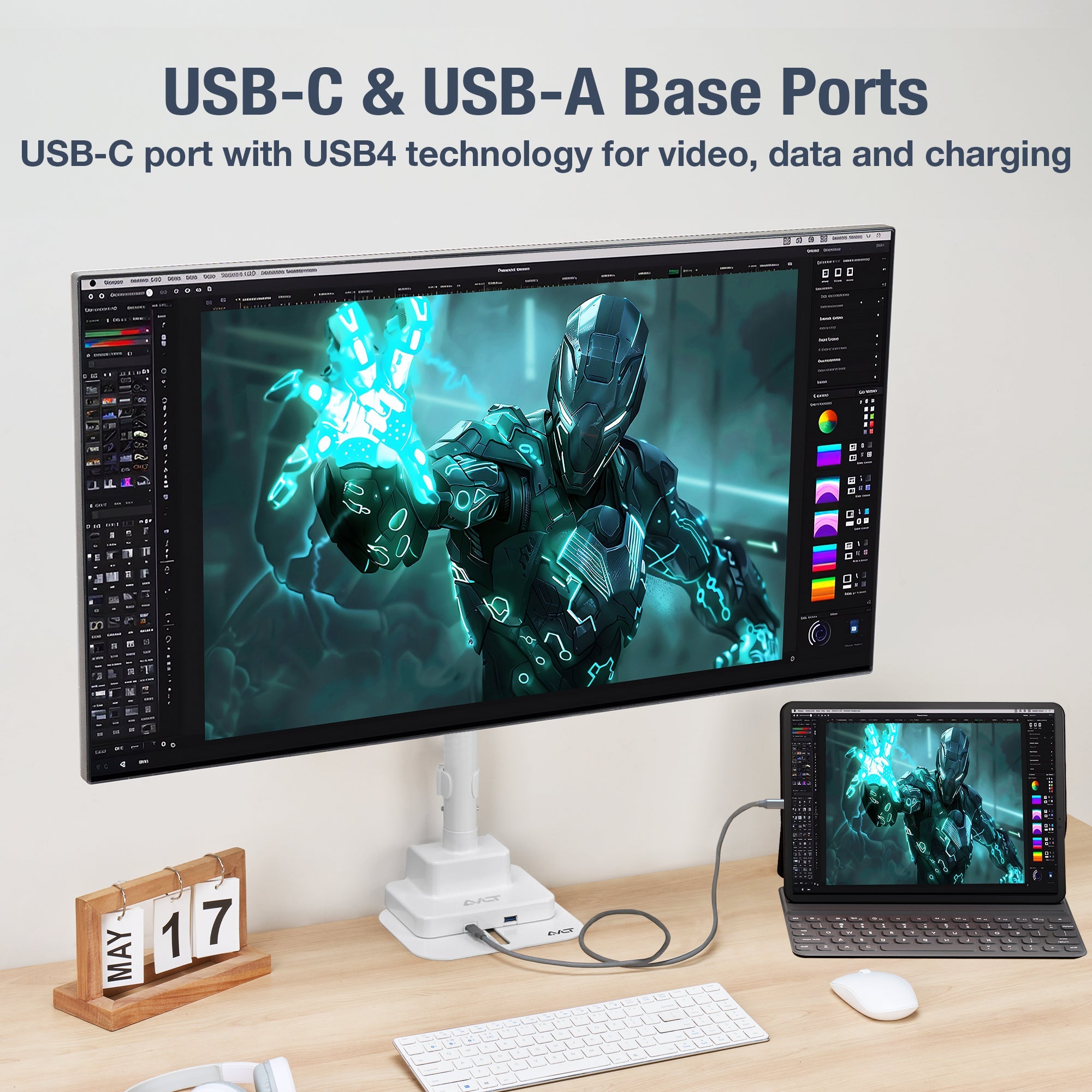 AVLT Single 57 Inch Heavy Duty Monitor Arm Pole Top Mount With USB-C USB-A Ports - White