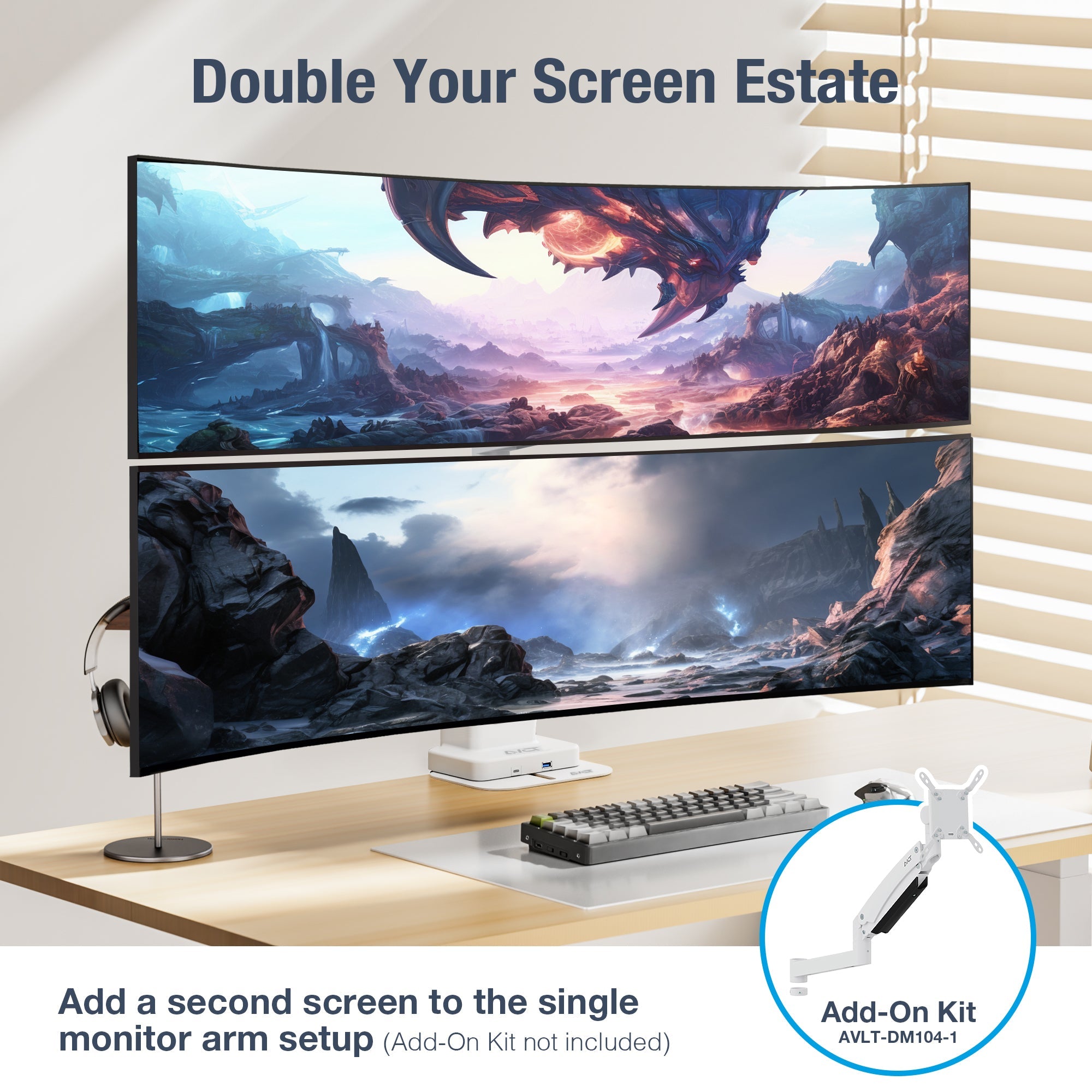 AVLT Single 57 Inch Heavy Duty Monitor Arm Pole Top Mount With USB-C USB-A Ports - White