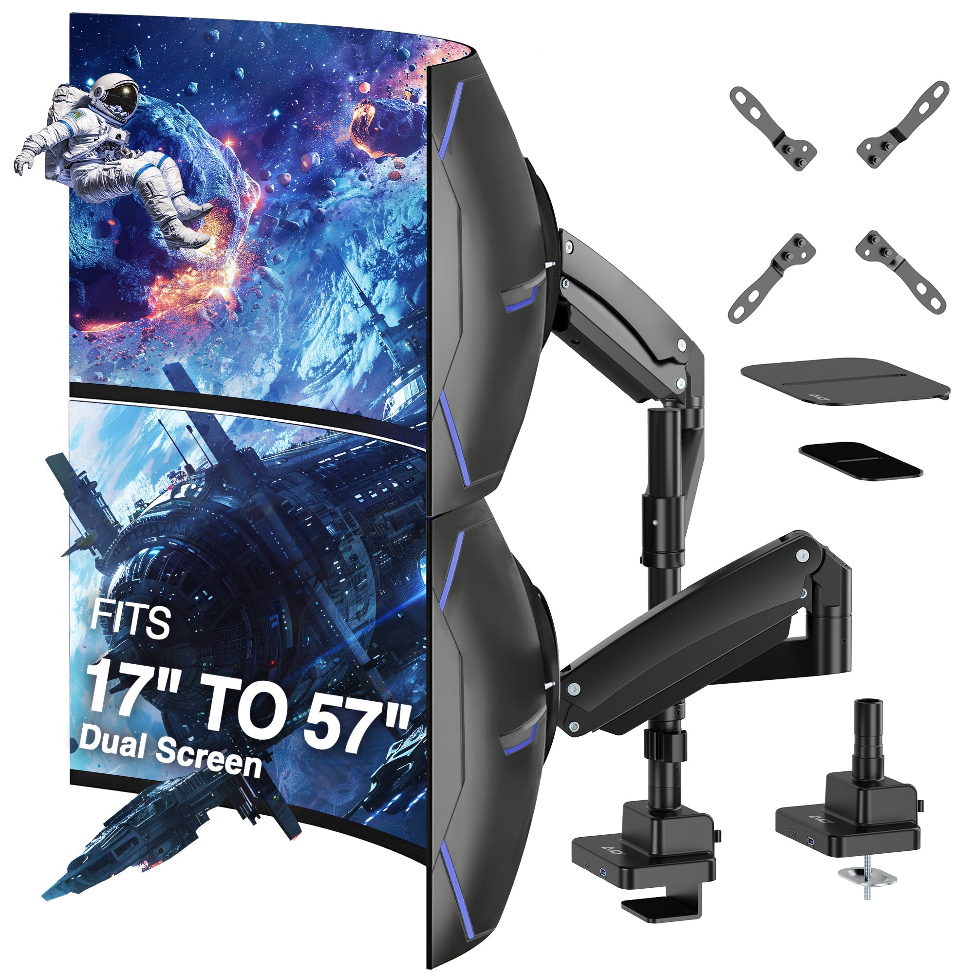 AVLT Dual 57 Inch Heavy Duty Stacking Monitor Arm Pole Top Mount With USB-C USB-A Ports - Black