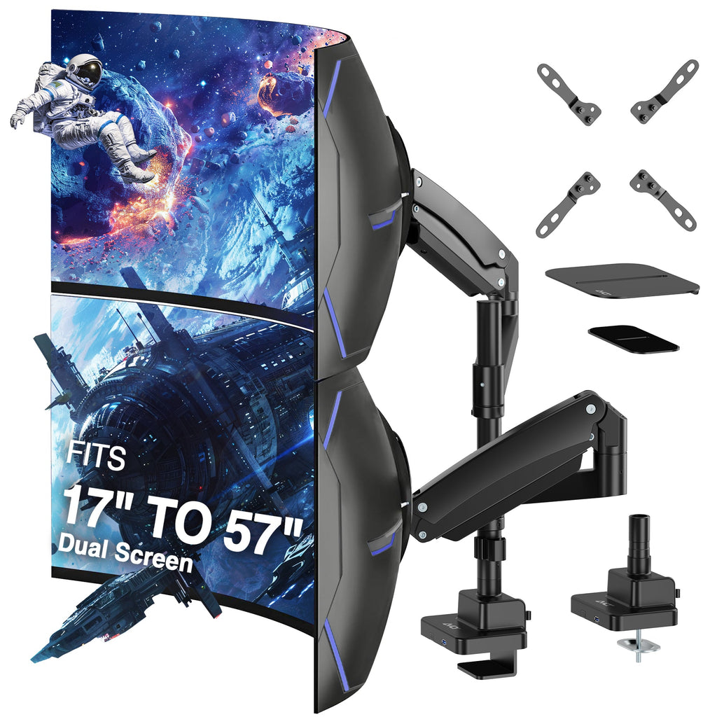AVLT Dual 57 Inch Heavy Duty Stacking Monitor Arm Pole Top Mount With USB-C USB-A Ports - Black
