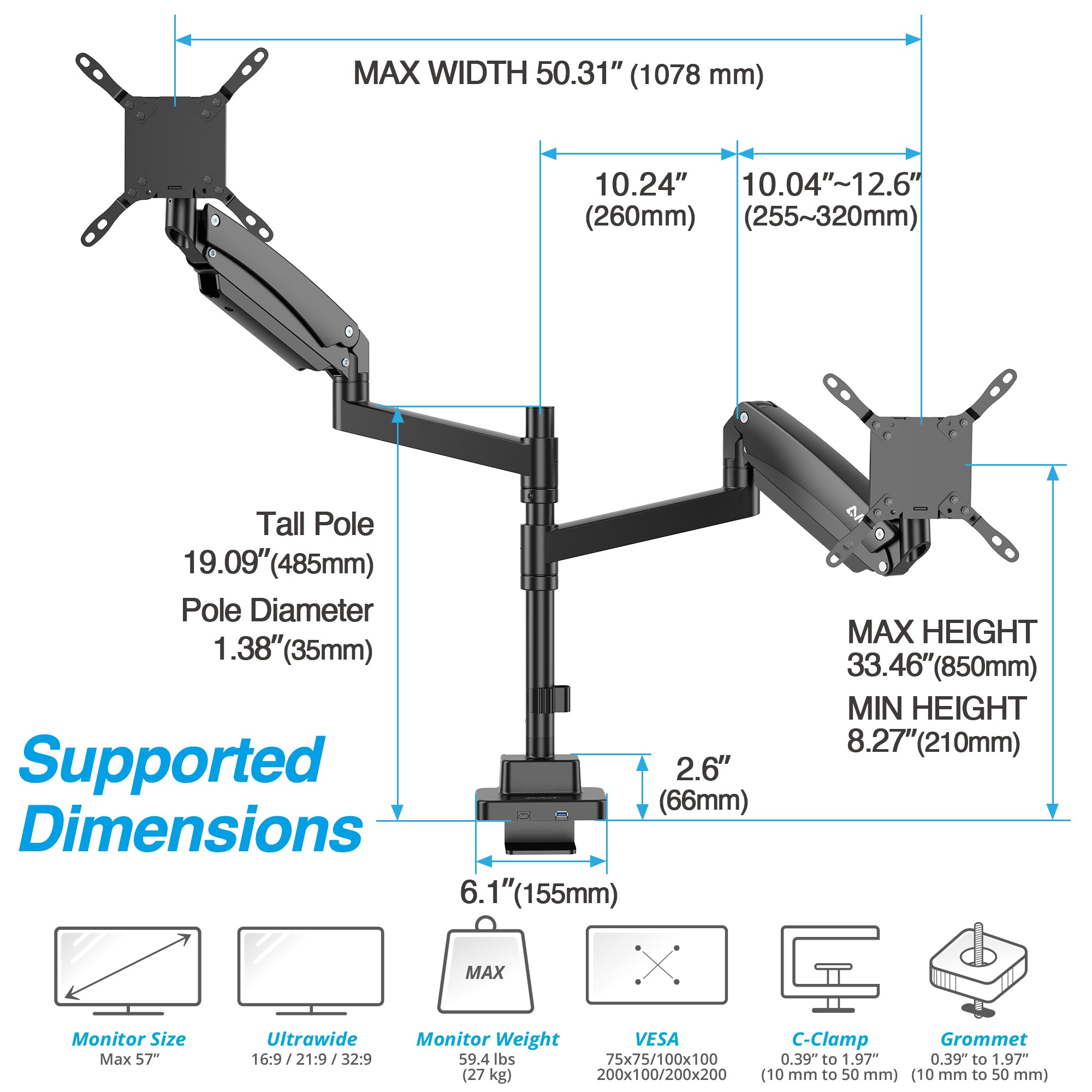 AVLT Dual 57 Inch Heavy Duty Stacking Monitor Arm Pole Top Mount With USB-C USB-A Ports - Black