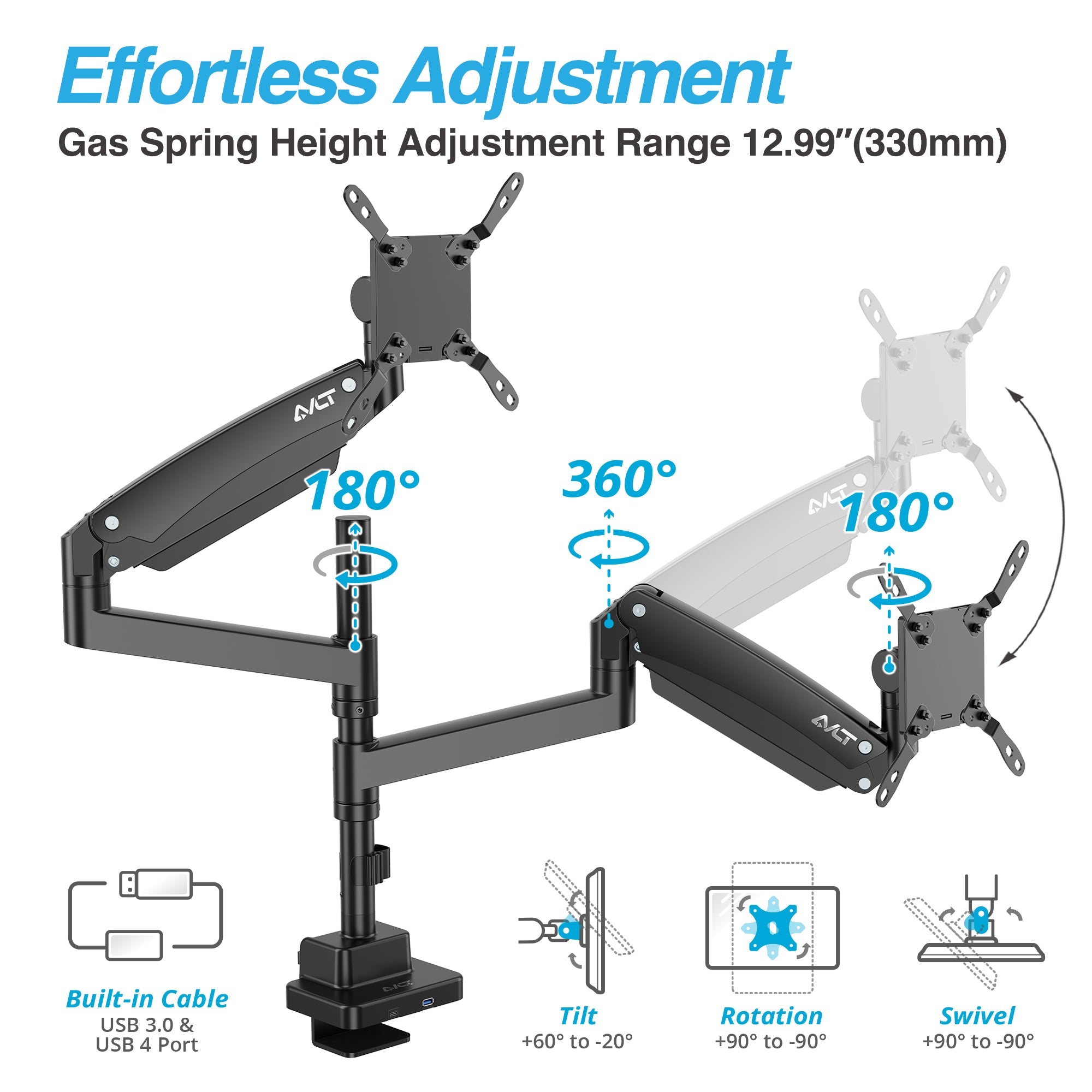 AVLT Dual 57 Inch Heavy Duty Stacking Monitor Arm Pole Top Mount With USB-C USB-A Ports - Black