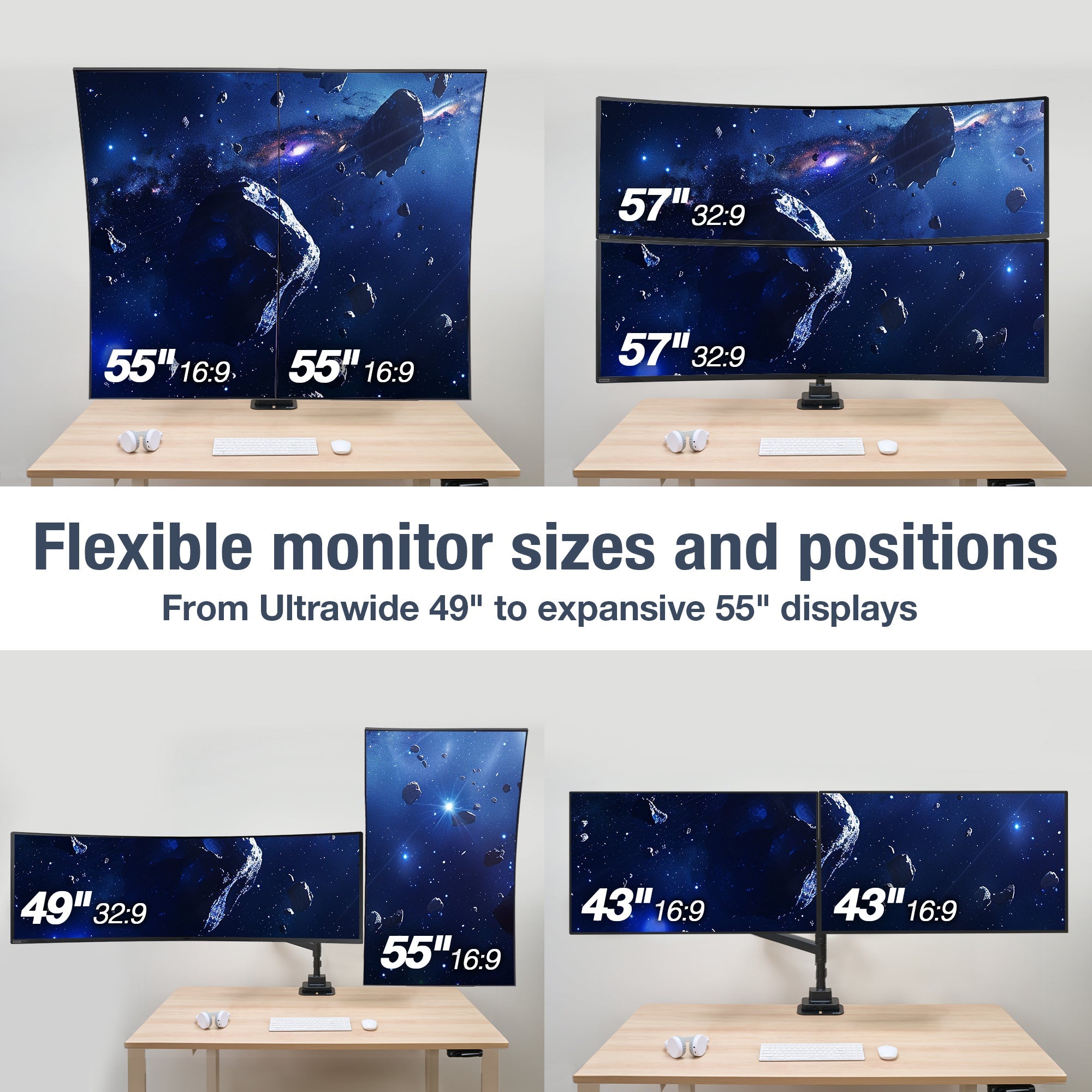 AVLT Dual 57 Inch Heavy Duty Stacking Monitor Arm Pole Top Mount With USB-C USB-A Ports - Black