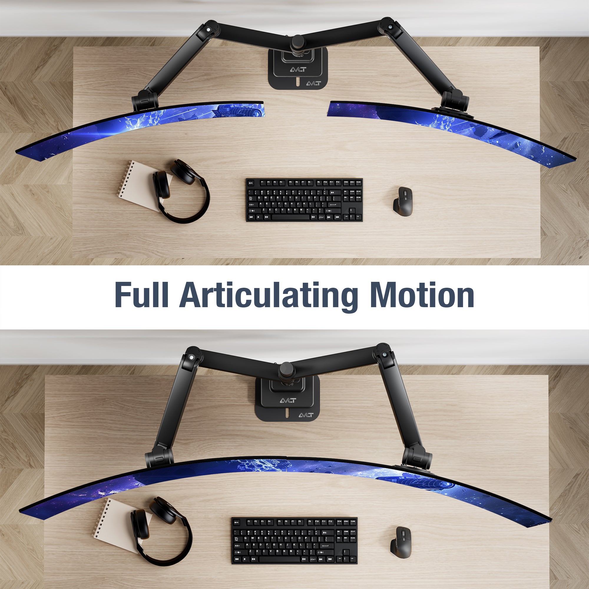 AVLT Dual 57 Inch Heavy Duty Stacking Monitor Arm Pole Top Mount With USB-C USB-A Ports - Black