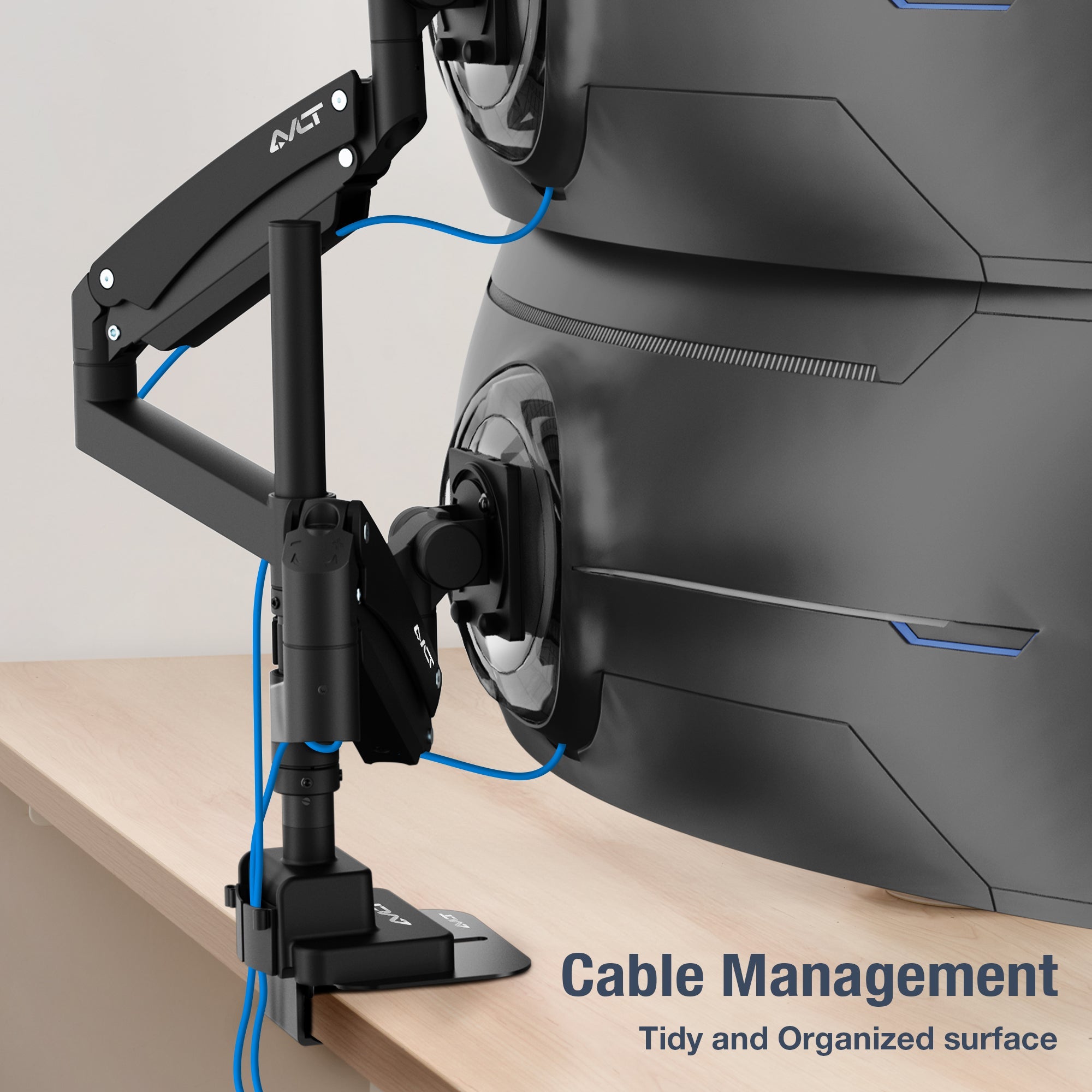 AVLT Dual 57 Inch Heavy Duty Stacking Monitor Arm Pole Top Mount With USB-C USB-A Ports - Black