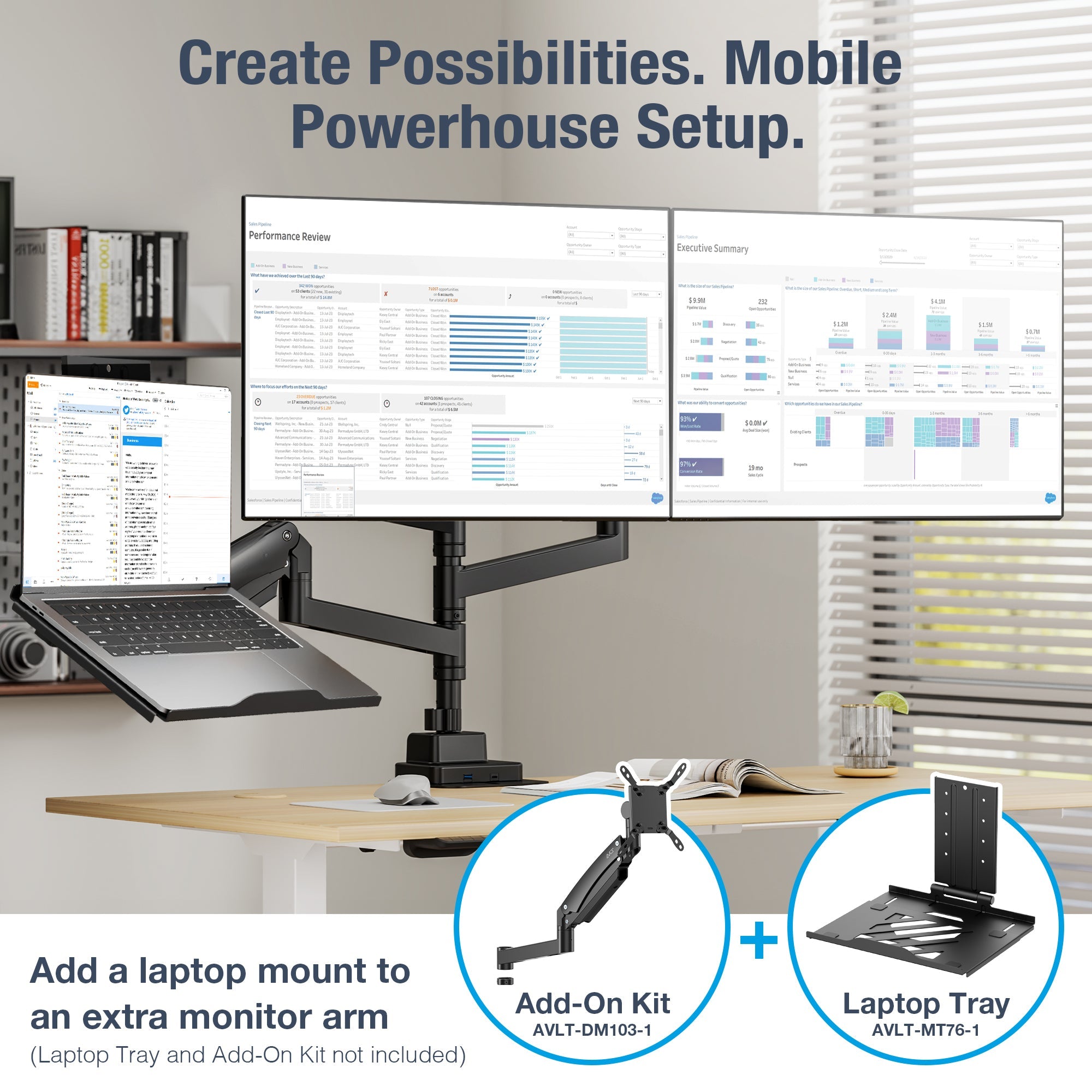 AVLT Dual 57 Inch Heavy Duty Stacking Monitor Arm Pole Top Mount With USB-C USB-A Ports - Black