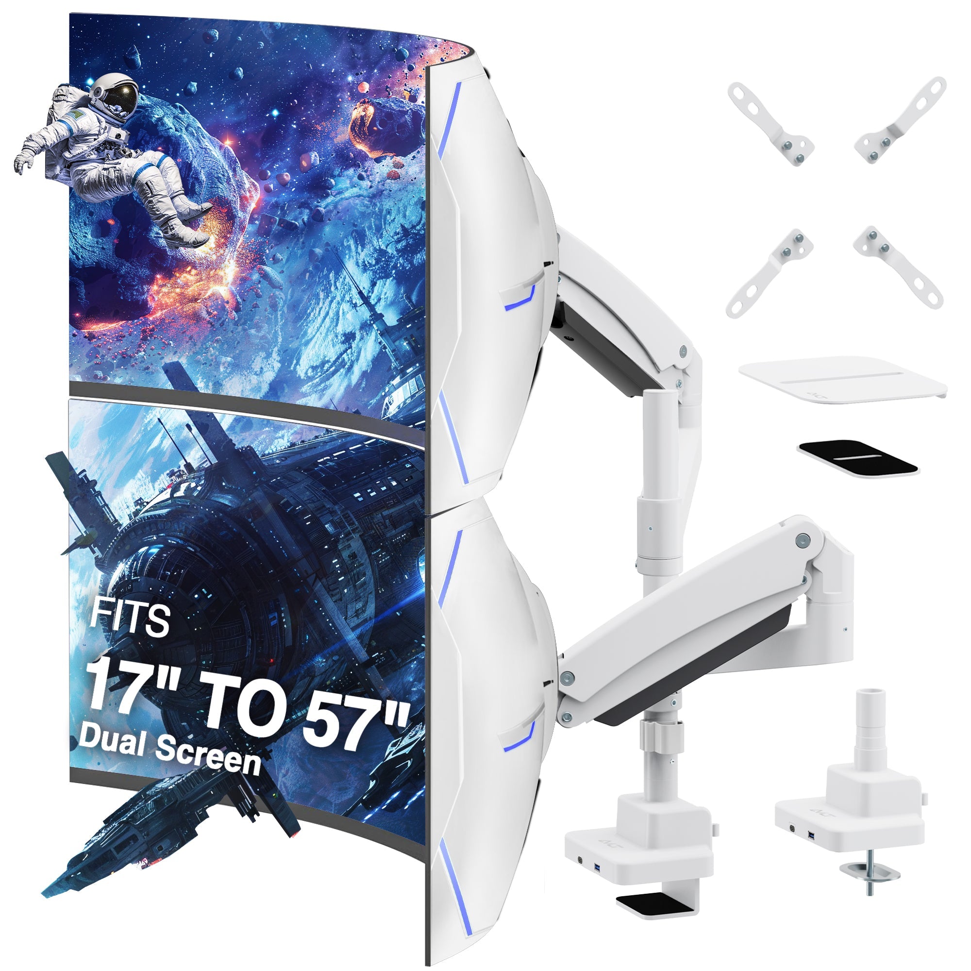 AVLT Dual 57 Inch Heavy Duty Stacking Monitor Arm Pole Top Mount With USB-C USB-A Ports - White