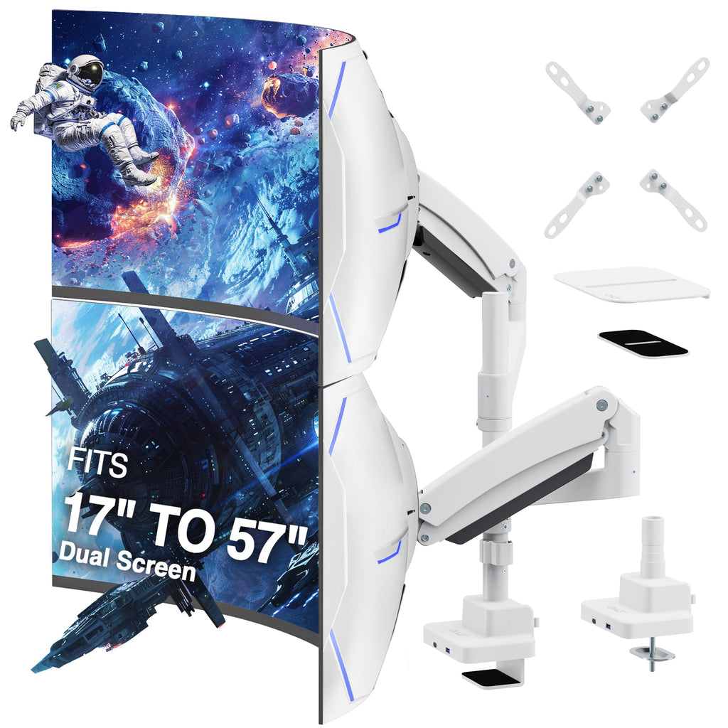 AVLT Dual 57 Inch Heavy Duty Stacking Monitor Arm Pole Top Mount With USB-C USB-A Ports - White