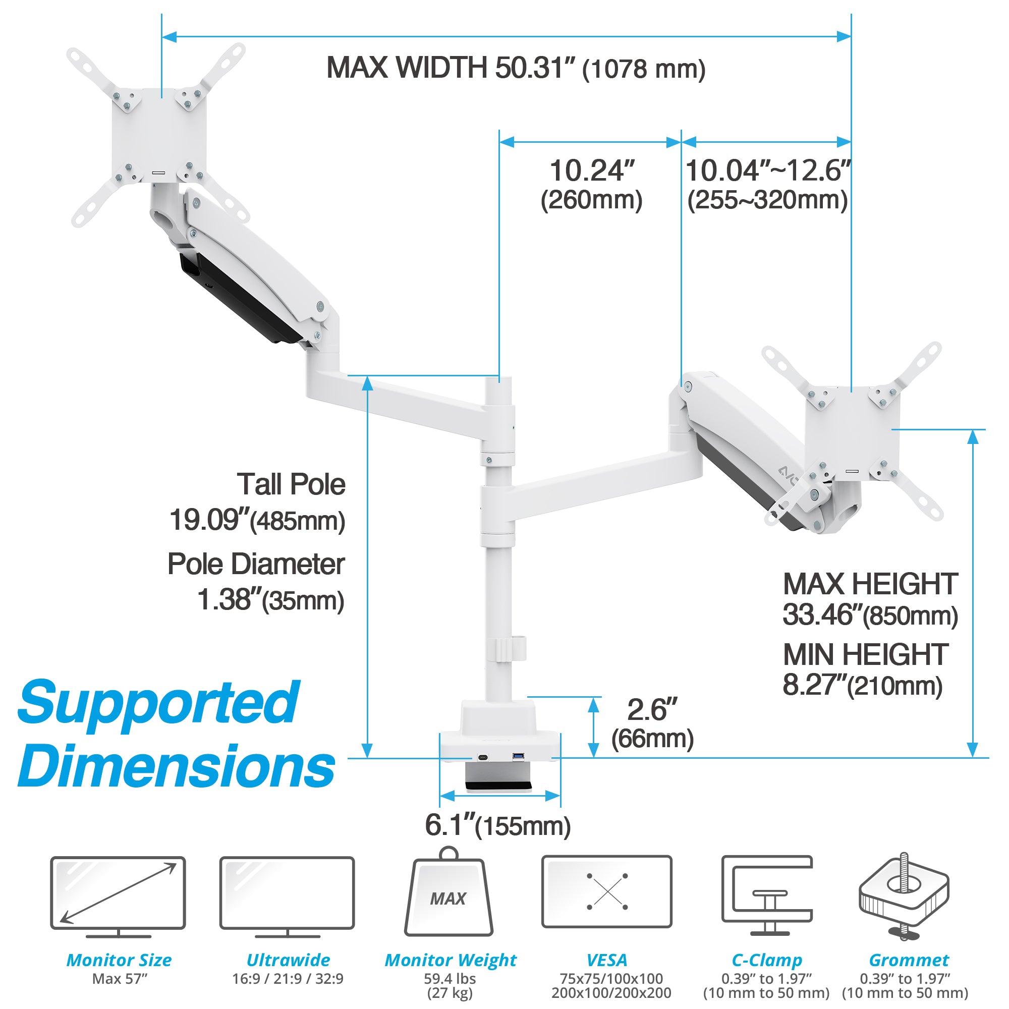 AVLT Dual 57 Inch Heavy Duty Stacking Monitor Arm Pole Top Mount With USB-C USB-A Ports - White