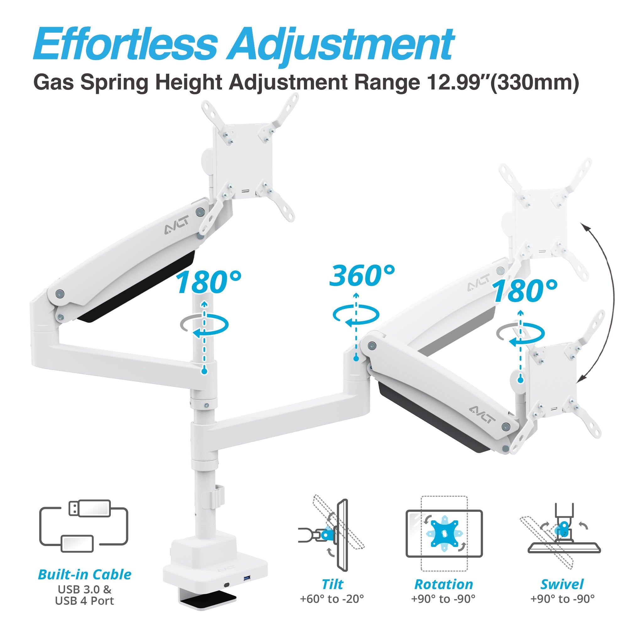 AVLT Dual 57 Inch Heavy Duty Stacking Monitor Arm Pole Top Mount With USB-C USB-A Ports - White