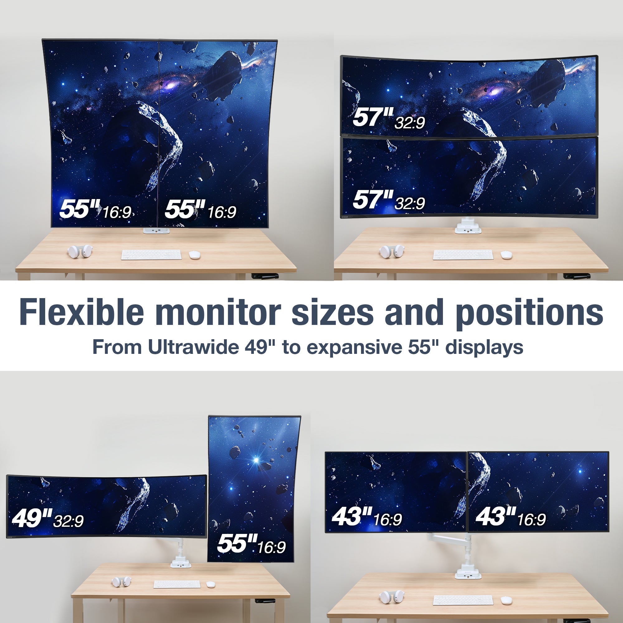 AVLT Dual 57 Inch Heavy Duty Stacking Monitor Arm Pole Top Mount With USB-C USB-A Ports - White