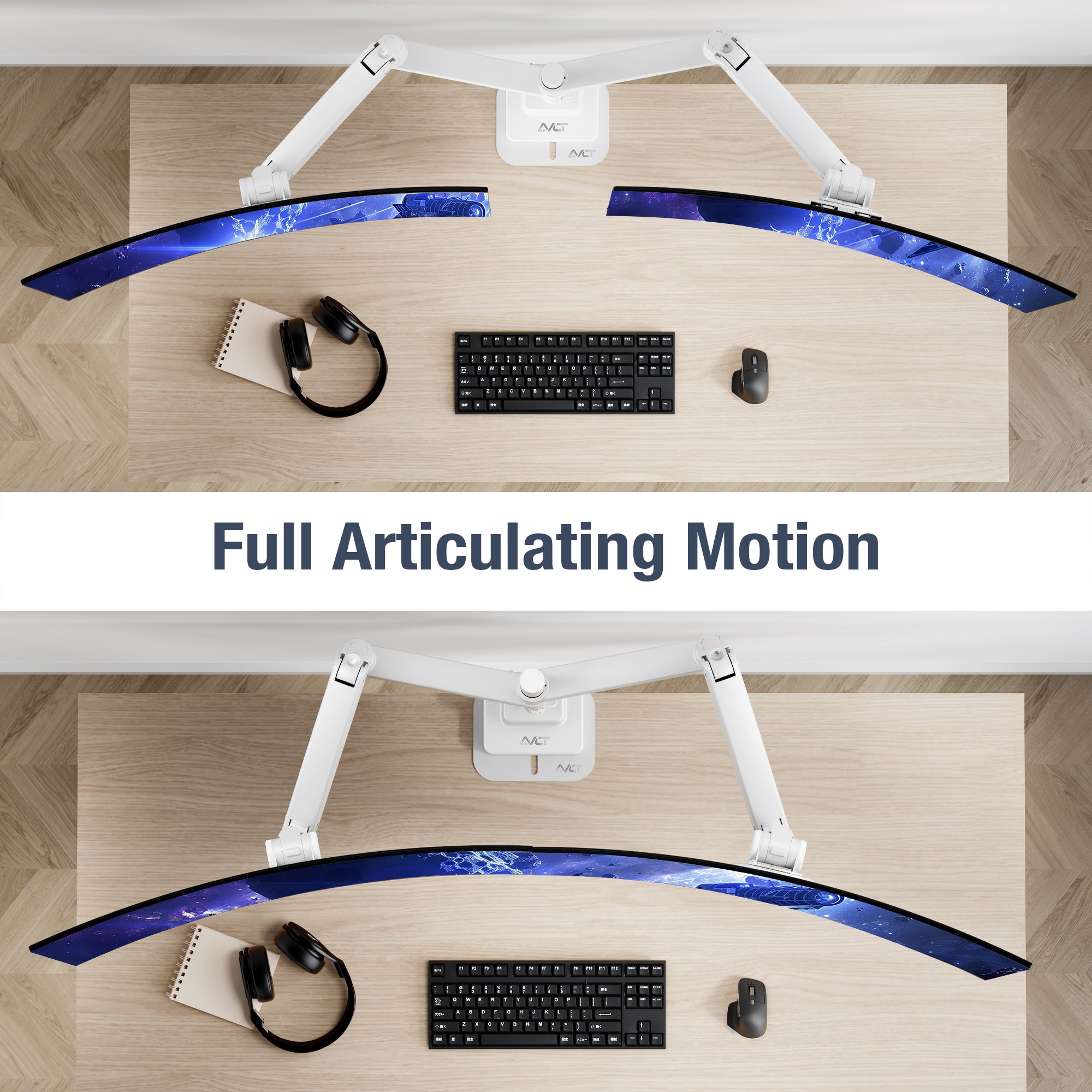 AVLT Dual 57 Inch Heavy Duty Stacking Monitor Arm Pole Top Mount With USB-C USB-A Ports - White