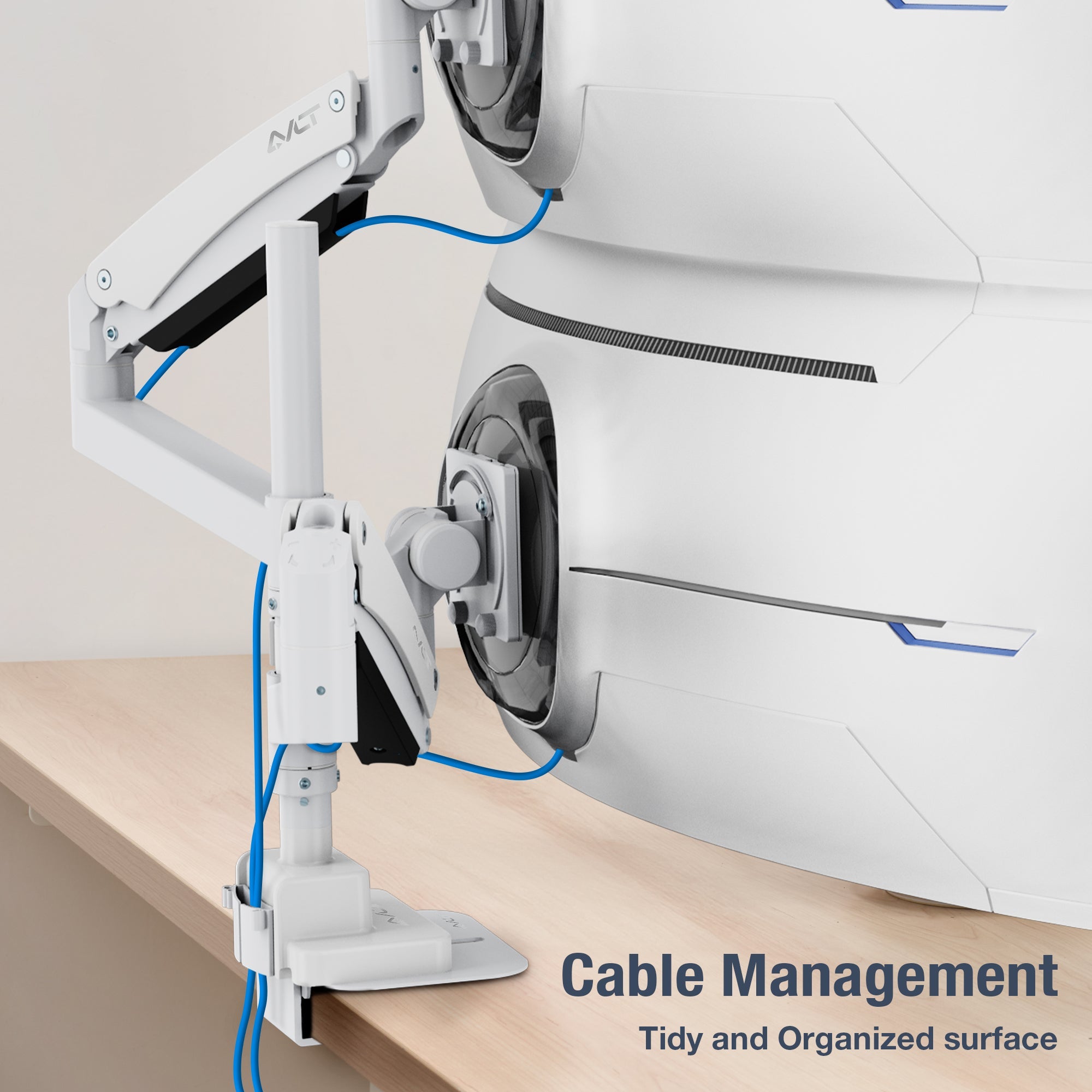 AVLT Dual 57 Inch Heavy Duty Stacking Monitor Arm Pole Top Mount With USB-C USB-A Ports - White