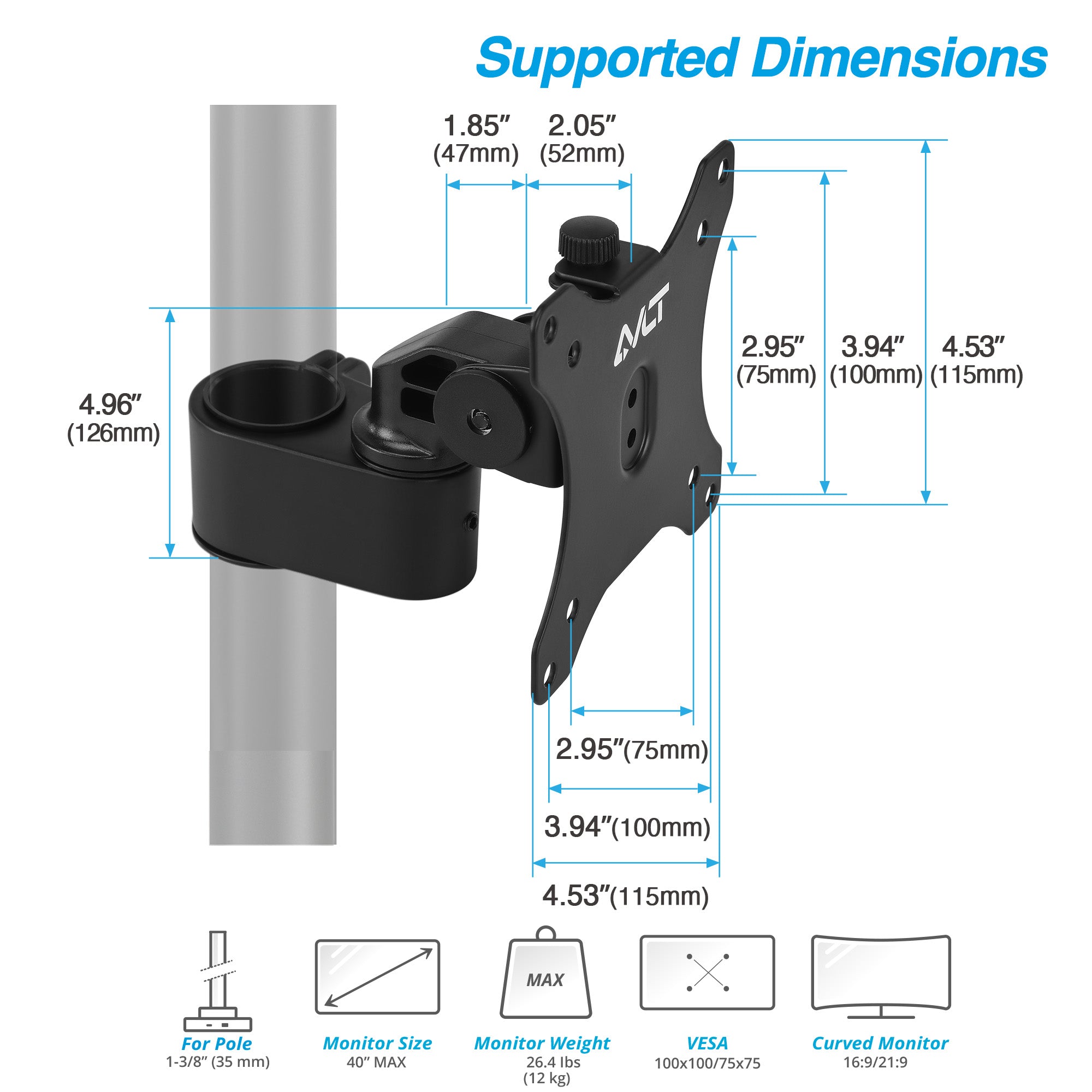 AVLT Single 40 Inch Monitor Head Add-On Kit For Pole Top Mount - Black