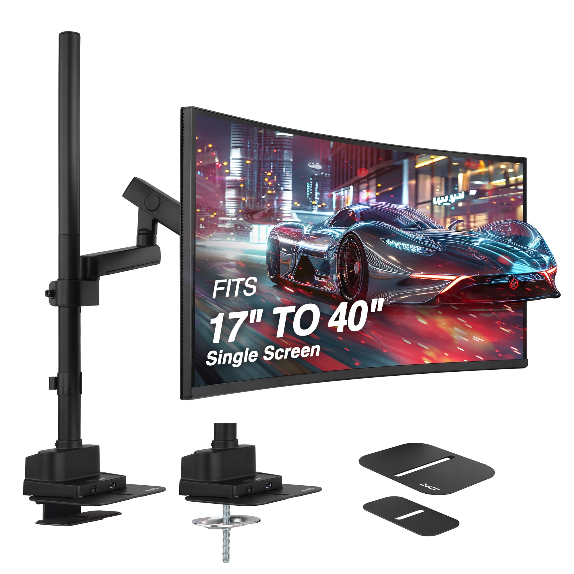 AVLT Single 40 Inch Monitor Arm Pole Top Mount With USB-C USB-A Ports - Black