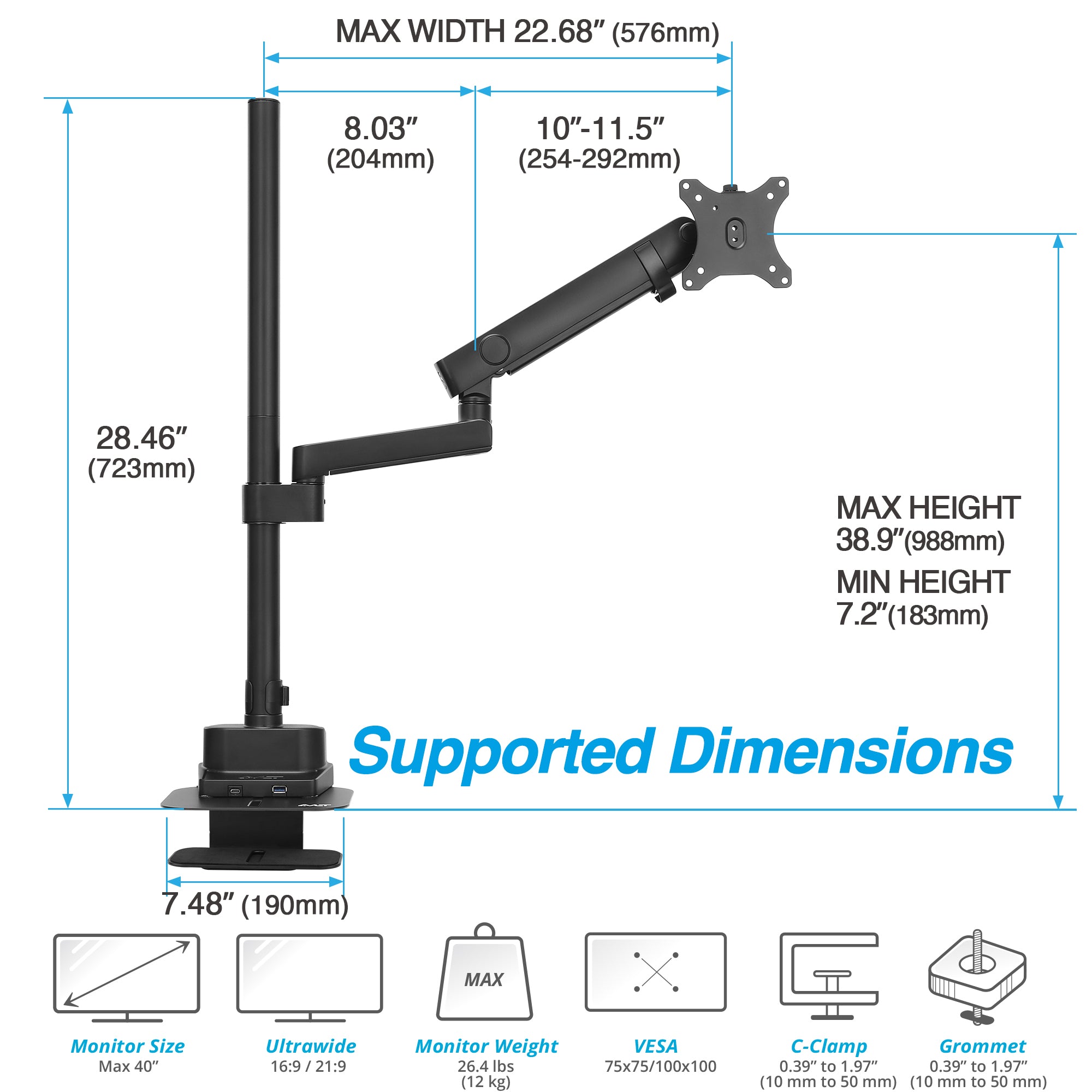AVLT Single 40 Inch Monitor Arm Pole Top Mount With USB-C USB-A Ports - Black
