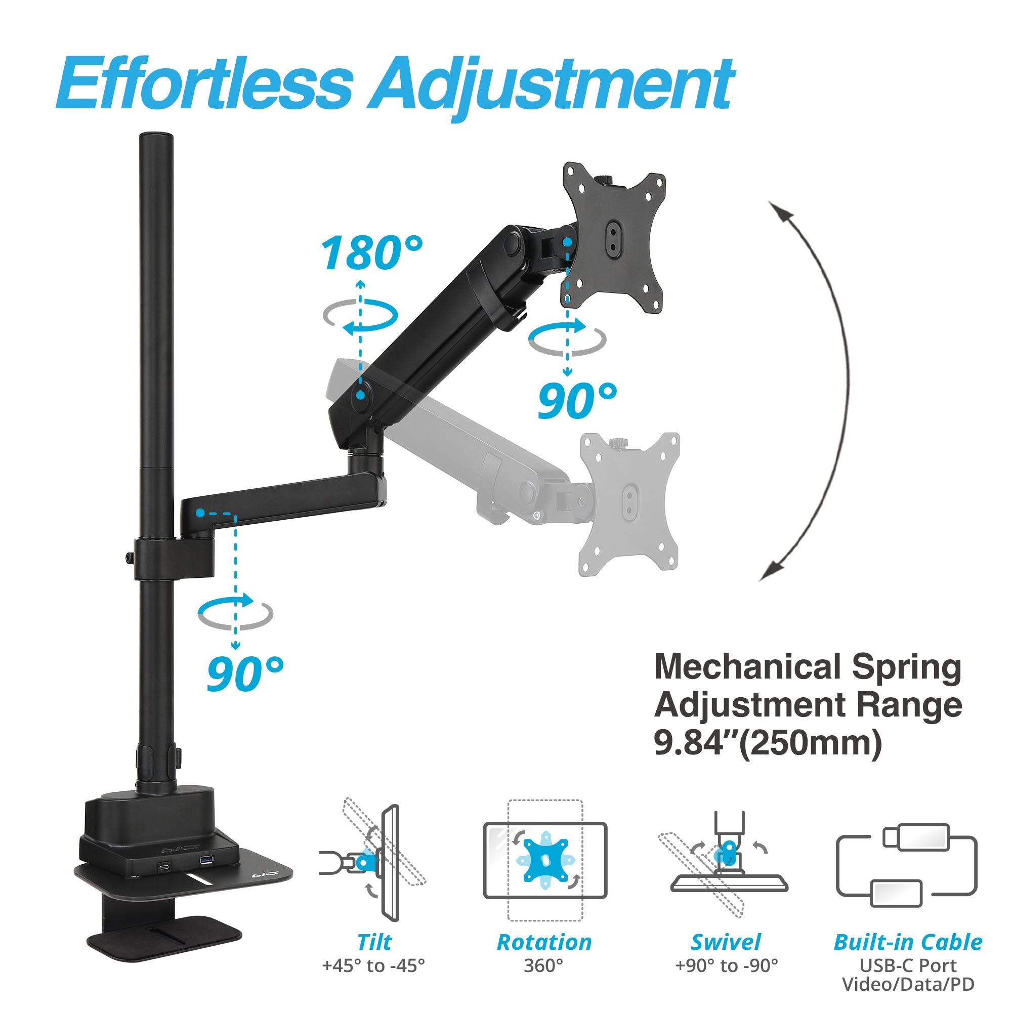AVLT Single 40 Inch Monitor Arm Pole Top Mount With USB-C USB-A Ports - Black