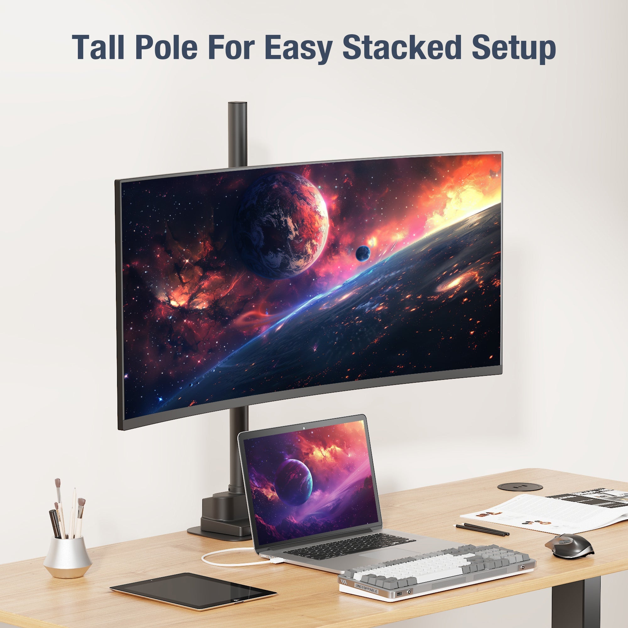 AVLT Single 40 Inch Monitor Arm Pole Top Mount With USB-C USB-A Ports - Black