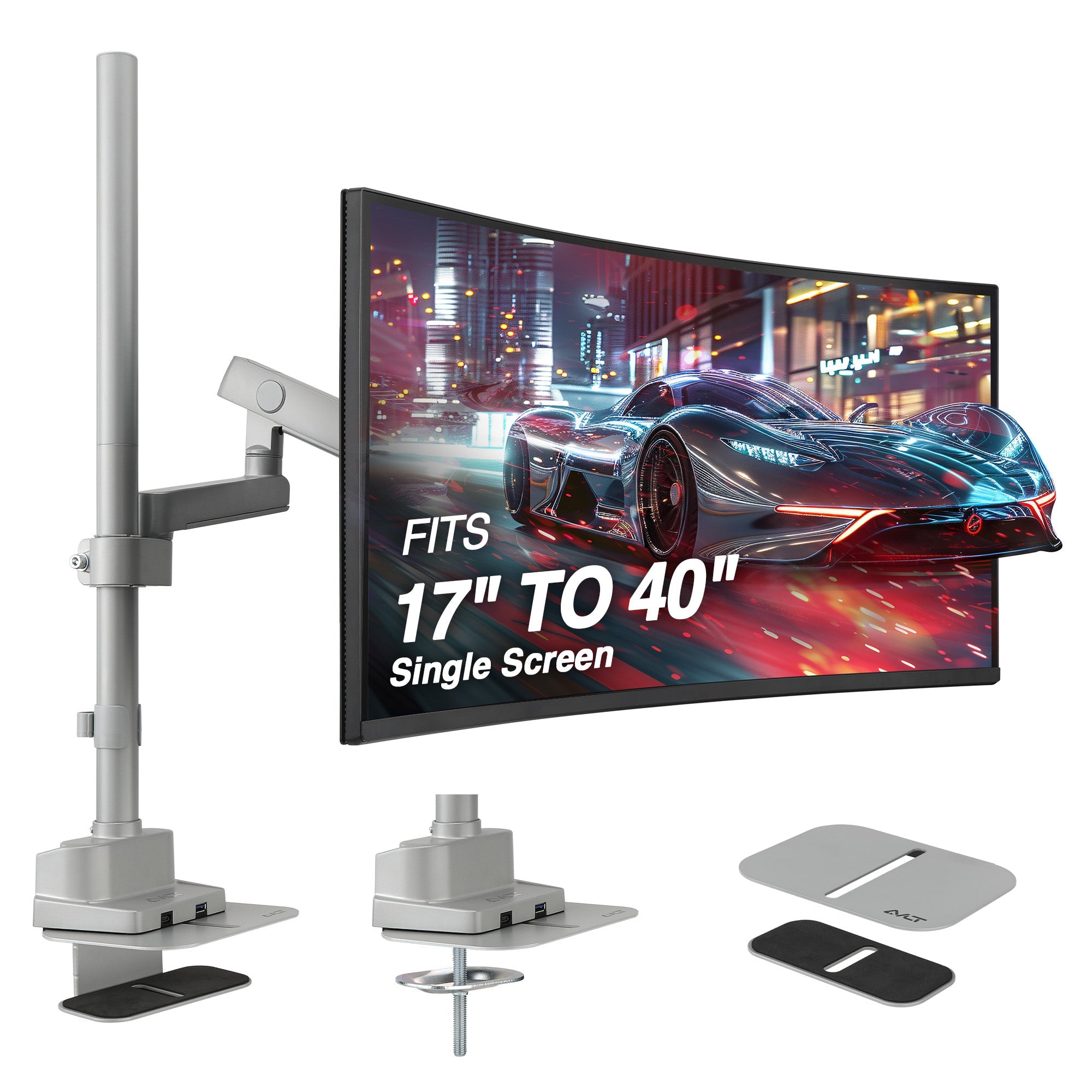 AVLT Single 40 Inch Monitor Arm Pole Top Mount With USB-C USB-A Ports - Gray