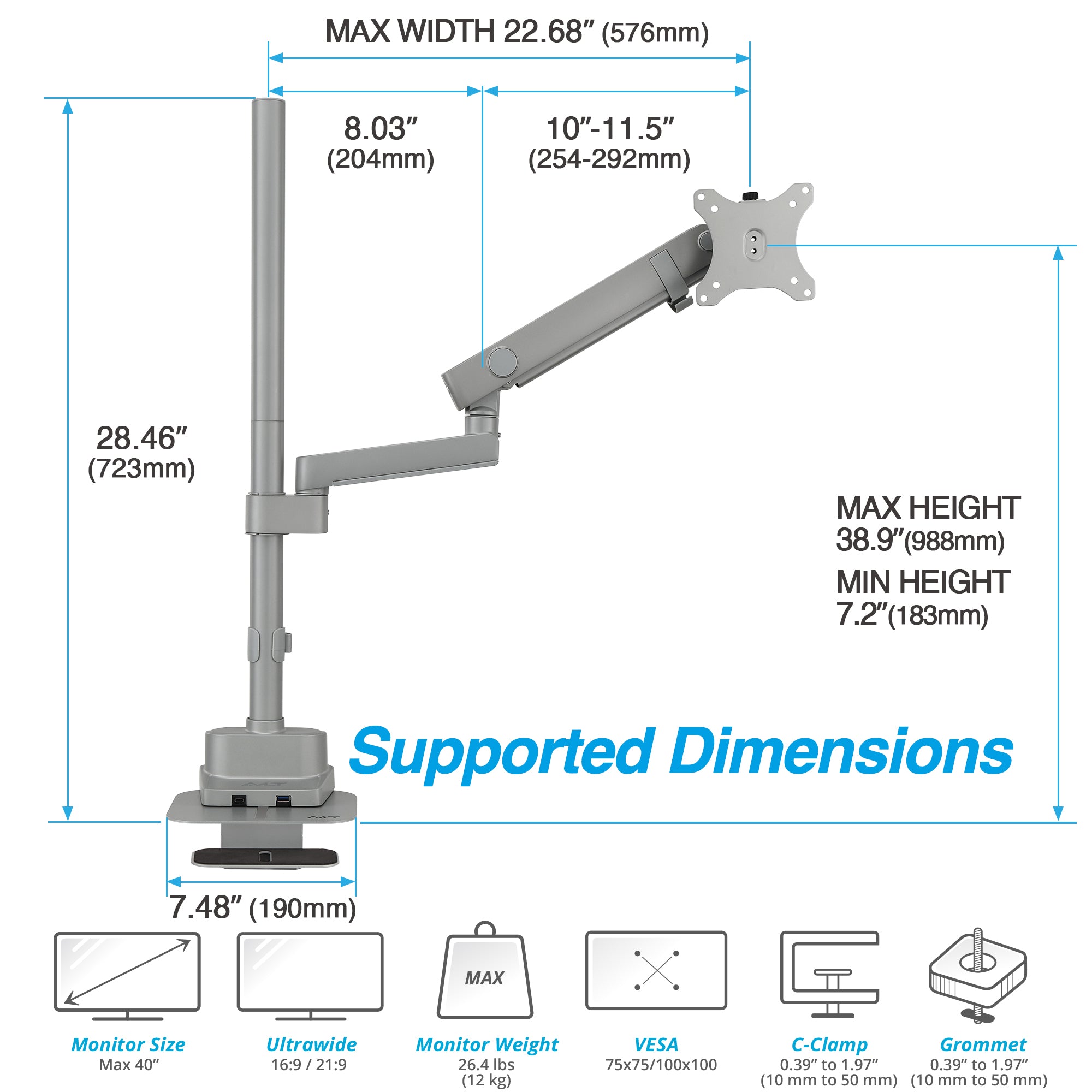AVLT Single 40 Inch Monitor Arm Pole Top Mount With USB-C USB-A Ports - Gray